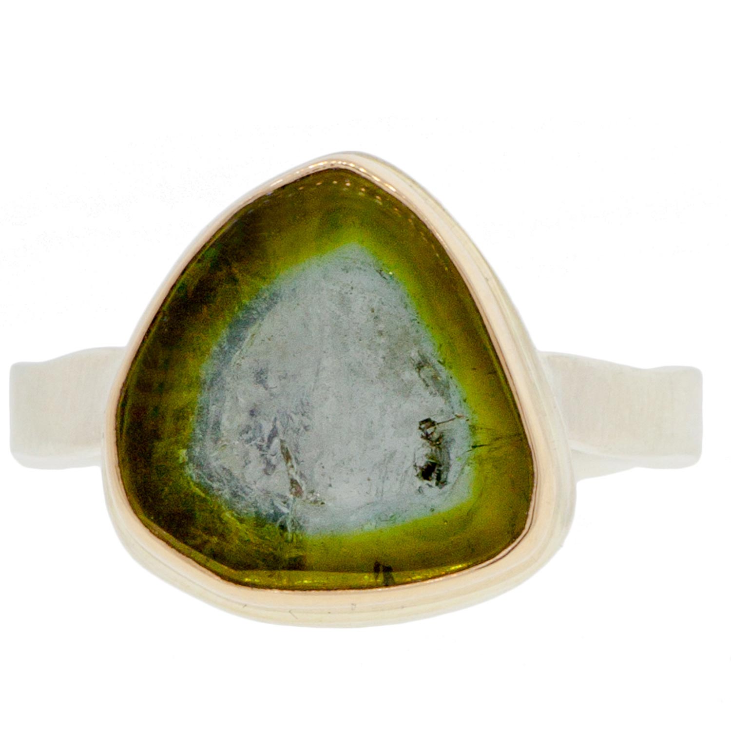 Jamie Joseph: SS & 14k Gold Ring w/ Asymmetrical Slice Green Tourmaline on Medium Live Edge Band