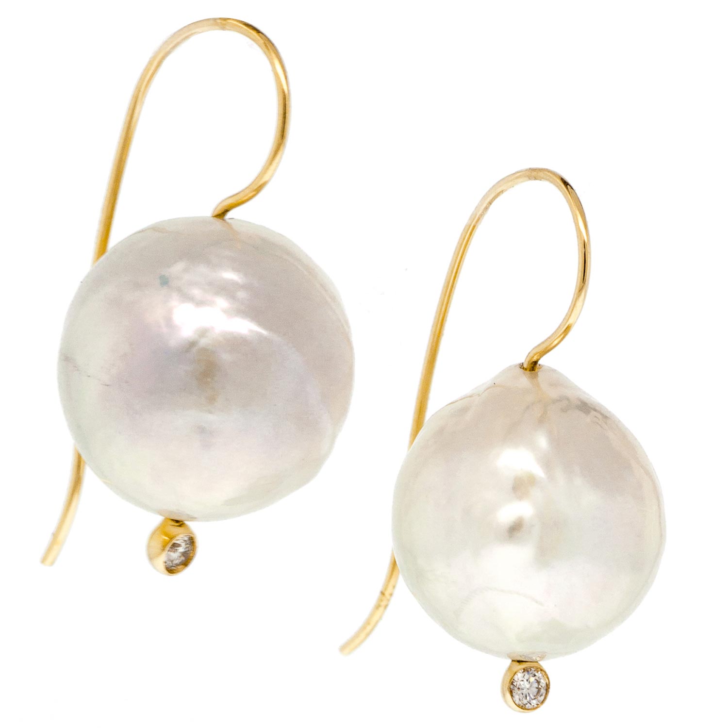 Mizuki: 14K Earrings, Large White Baroque Pearl with Diamond Bezel, 0.03ct