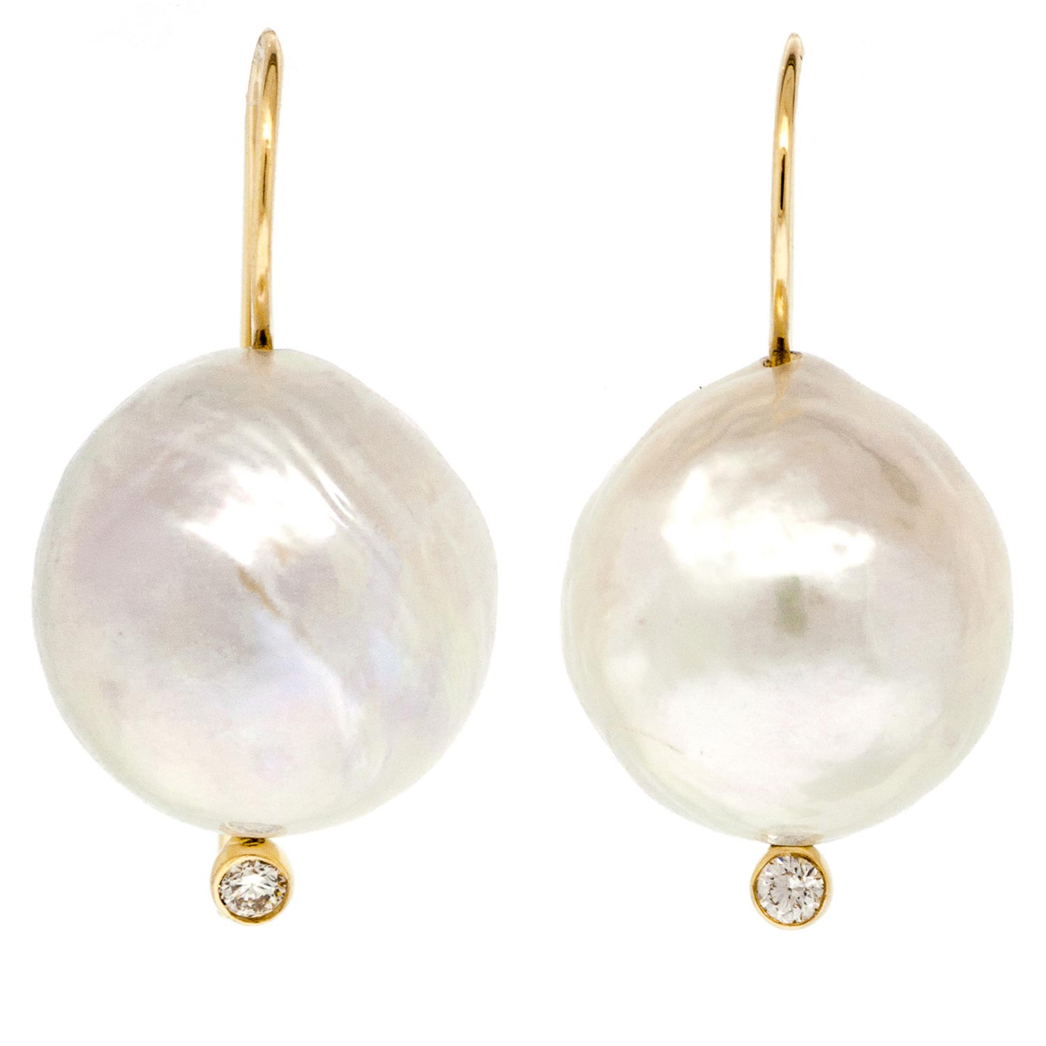Mizuki: 14K Earrings, Large White Baroque Pearl with Diamond Bezel, 0.03ct