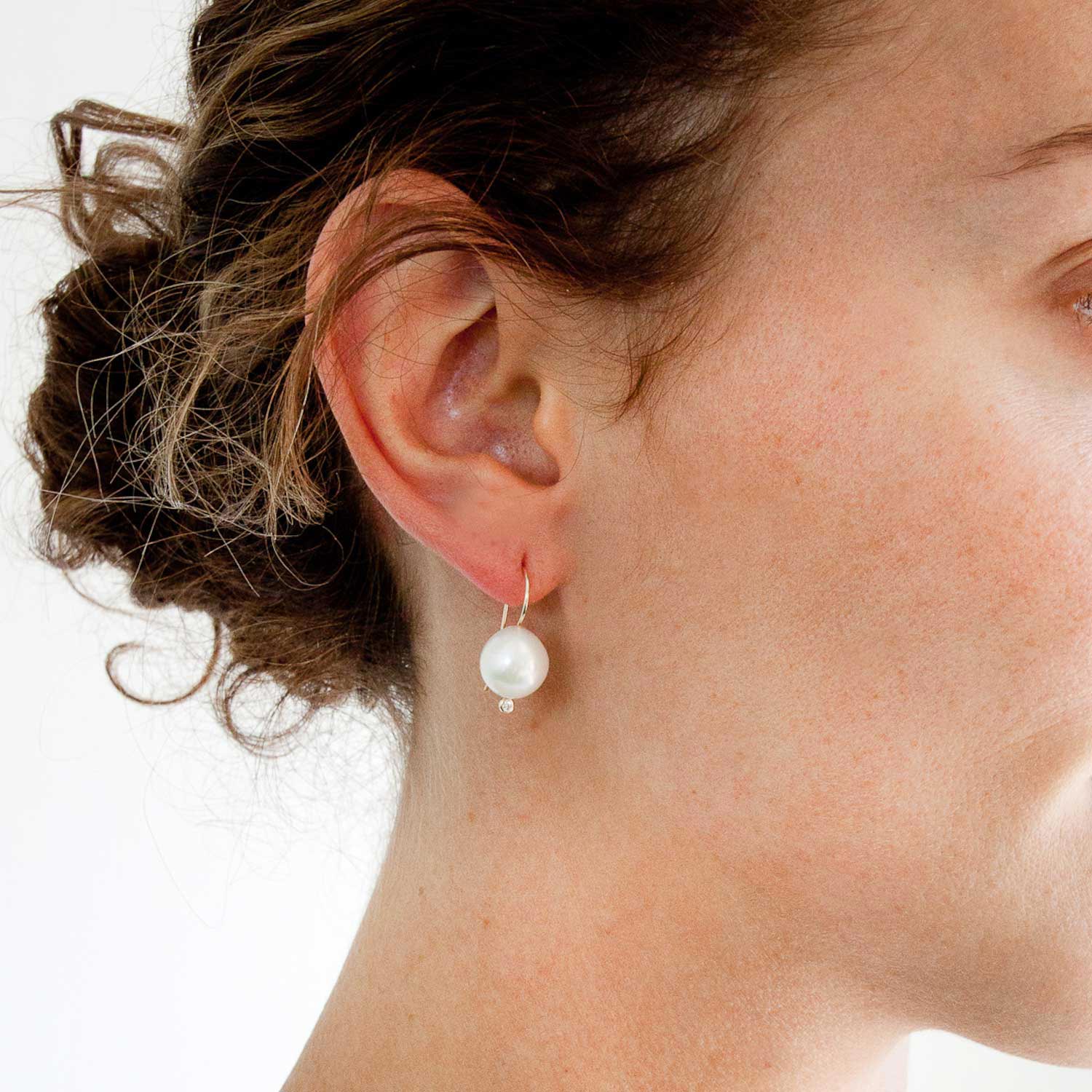 Mizuki: 14K Earrings, Small White Baroque Pearl with Diamond Ball, .02ct