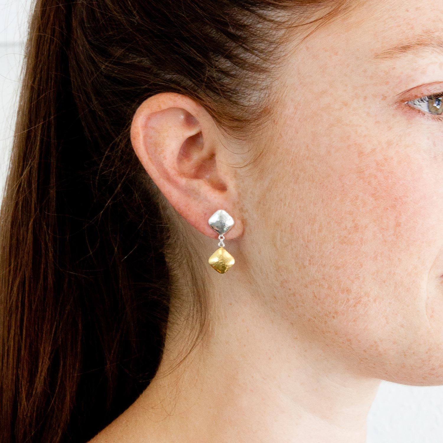 Gurhan: Clove Puff Double Drop Earrings in SS Layered w/ 24k Gold