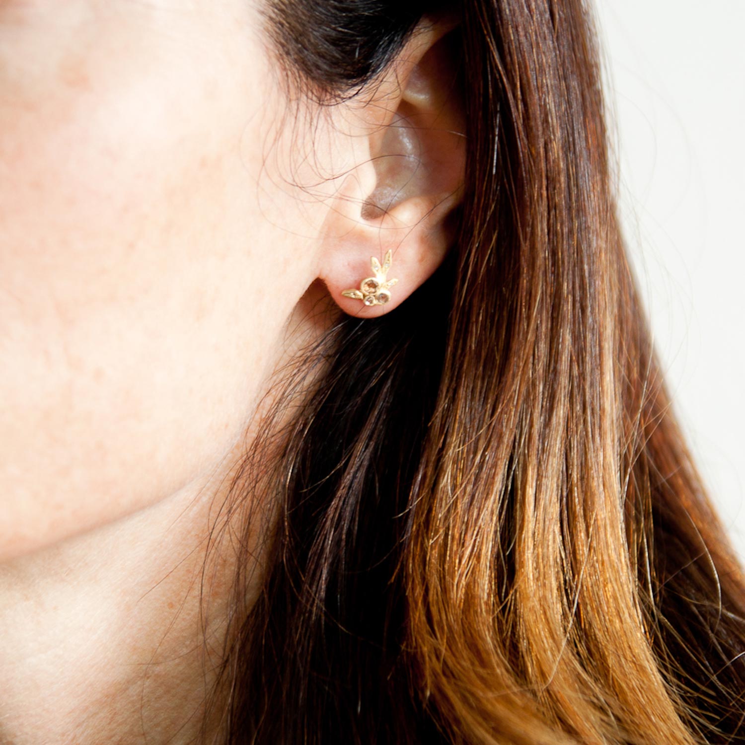 Dawes Design: 18K Relic Vine Stud Earring with 2.25mm, 3mm, and 1.5mm .24cts Opaque Diamonds with 1mm Leaf Ornaments .04cts