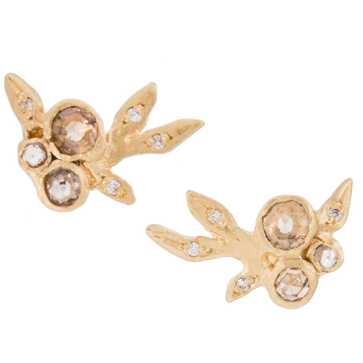 Dawes Design: 18K Relic Vine Stud Earring with 2.25mm, 3mm, and 1.5mm .24cts Opaque Diamonds with 1mm Leaf Ornaments .04cts
