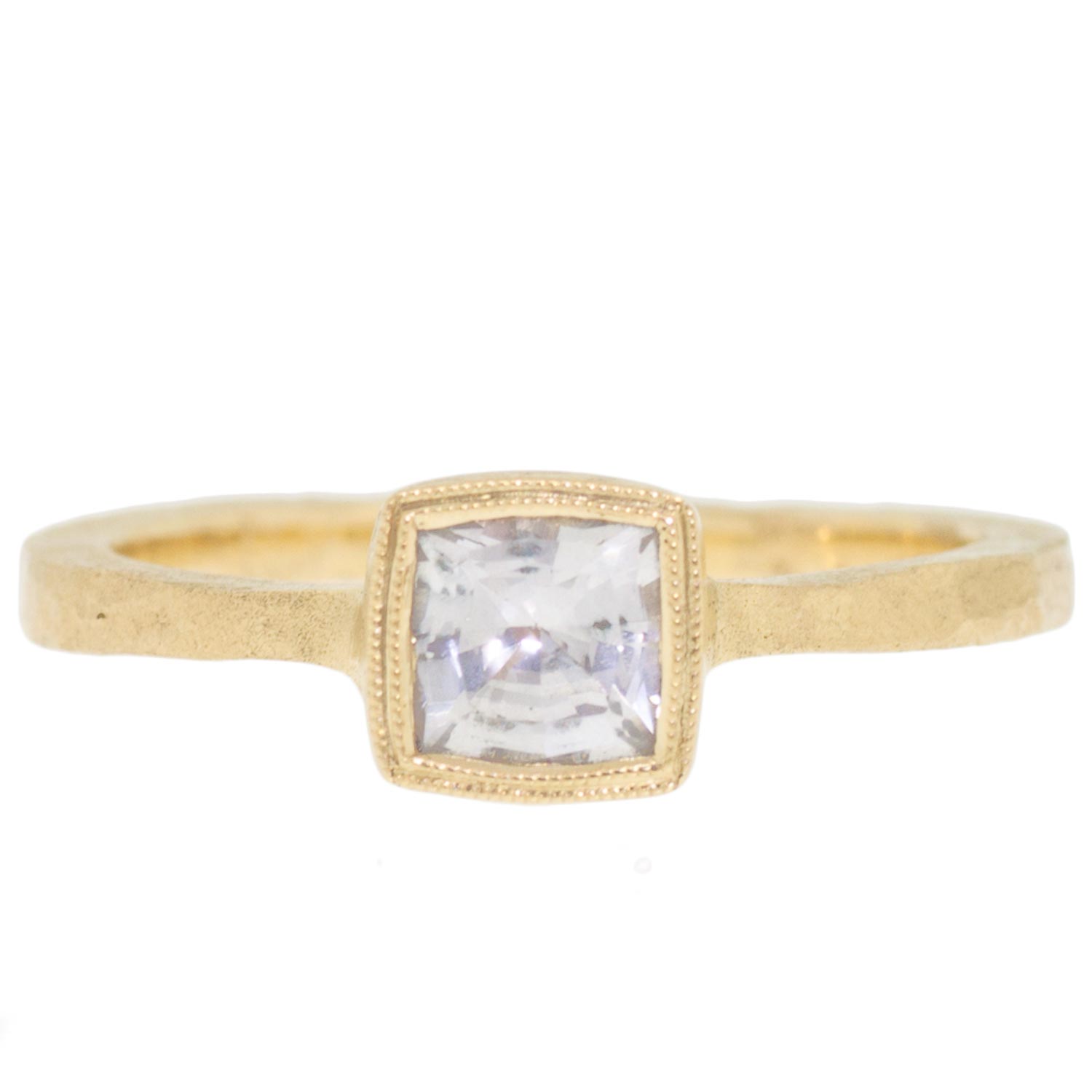 Dawes Design: 18K Etruscan Sculpted and Hammered Band with .69ct Square White Sapphire in Double Milgrain Setting