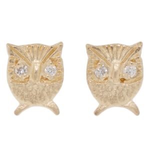 Victoria Cunningham: Earrings, Studs, Owl, Diamonds, 14K Yellow Gold.
