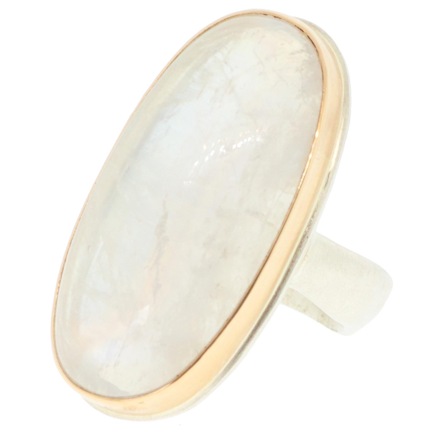 Jamie Joseph: SS & 14k Gold Ring w/ Open Back Vertical Oval Smooth White Moonstone on Groovy Band