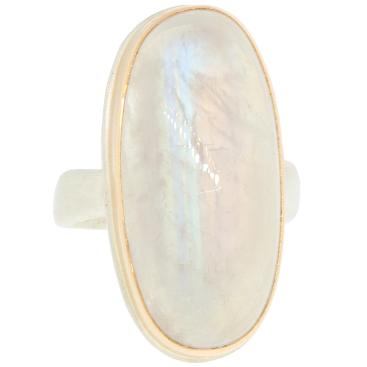 Jamie Joseph: SS & 14k Gold Ring w/ Open Back Vertical Oval Smooth White Moonstone on Groovy Band