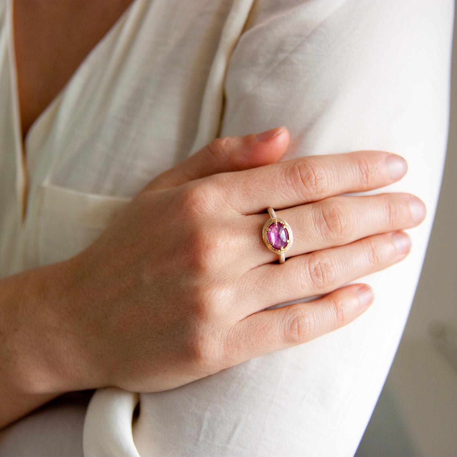 Jamie Joseph: SS & 14k Gold Cast Prong Ring w/ Small Oval Faceted Pink Tourmaline on J Band