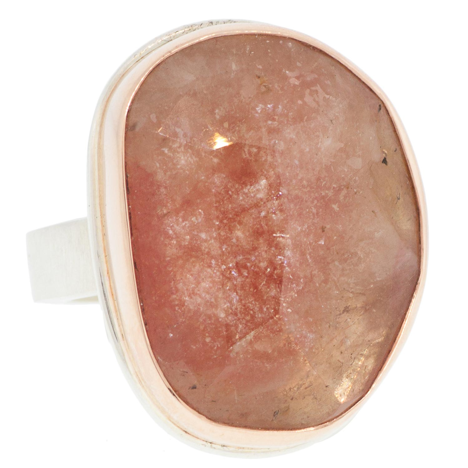 Jamie Joseph: SS & 14K Rose Gold Ring w/ Vertical Faceted Asymmetrical Pink Sapphire on Y Band Size 6.75