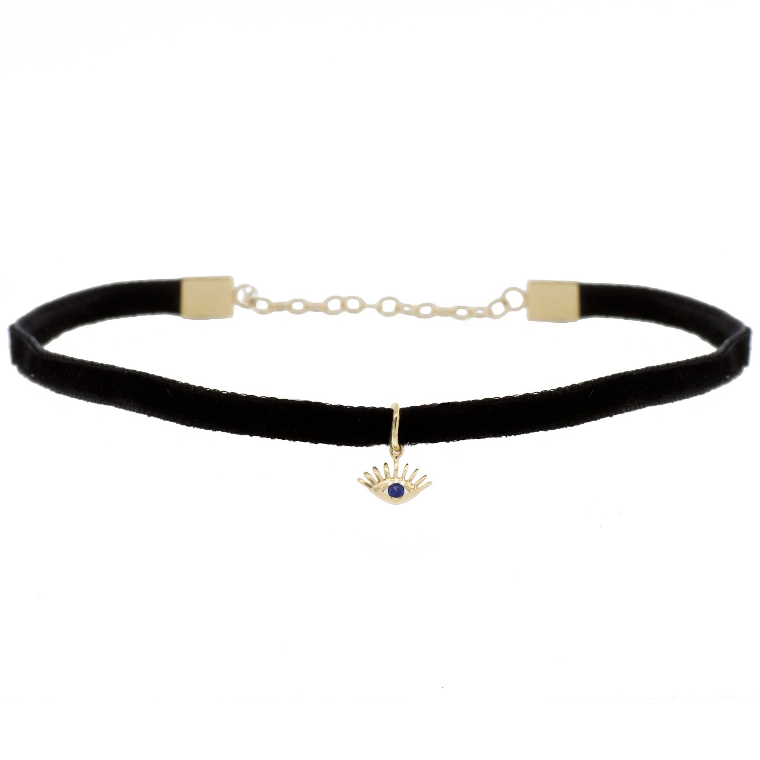 Kismet: 14k Gold Evil Eye w/ Blue Sapphire 0.03ct Black Velvet Choker