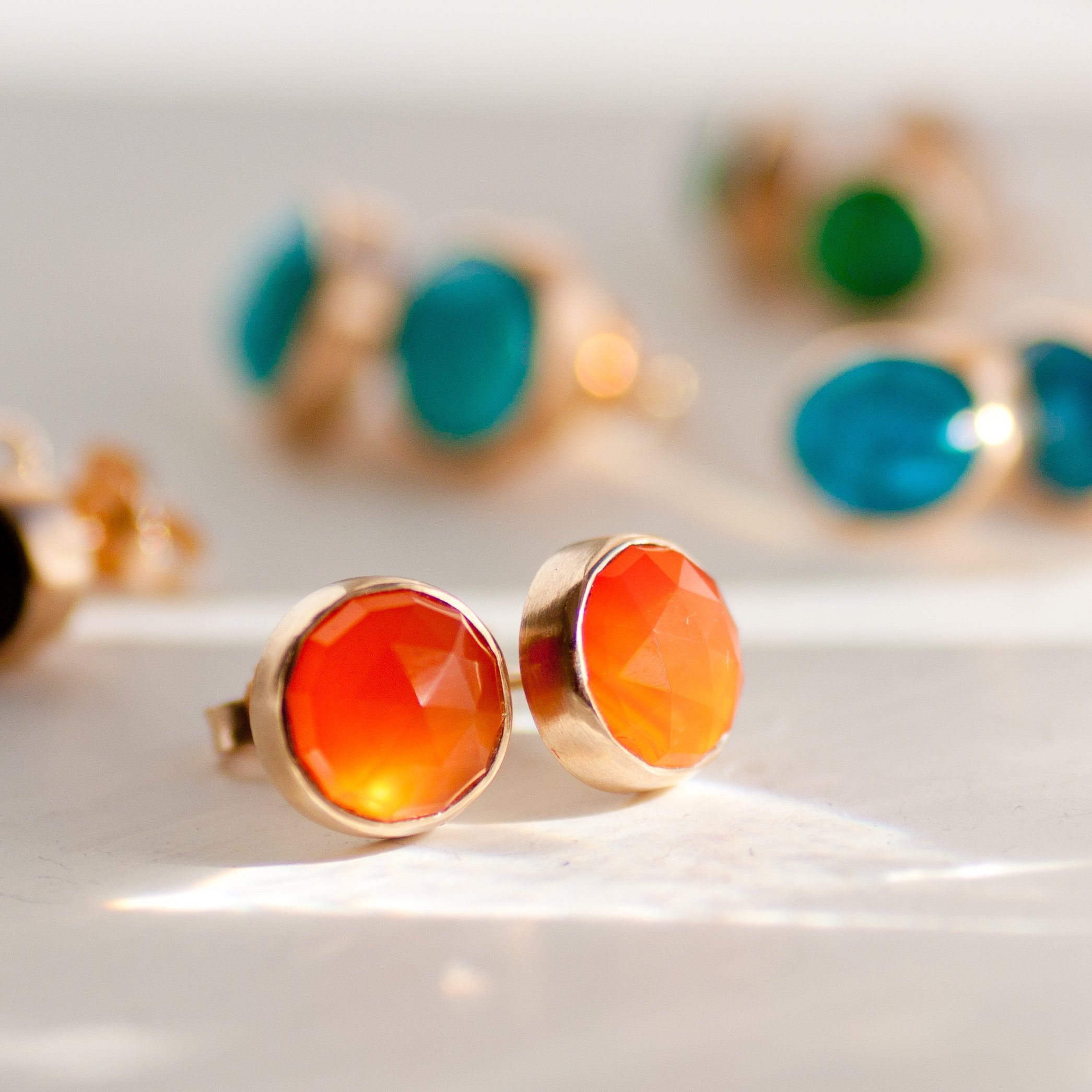 Jamie Joseph: 14k Gold Earrings w/ Large 8mm Round Rose Cut Orange Chalcedony