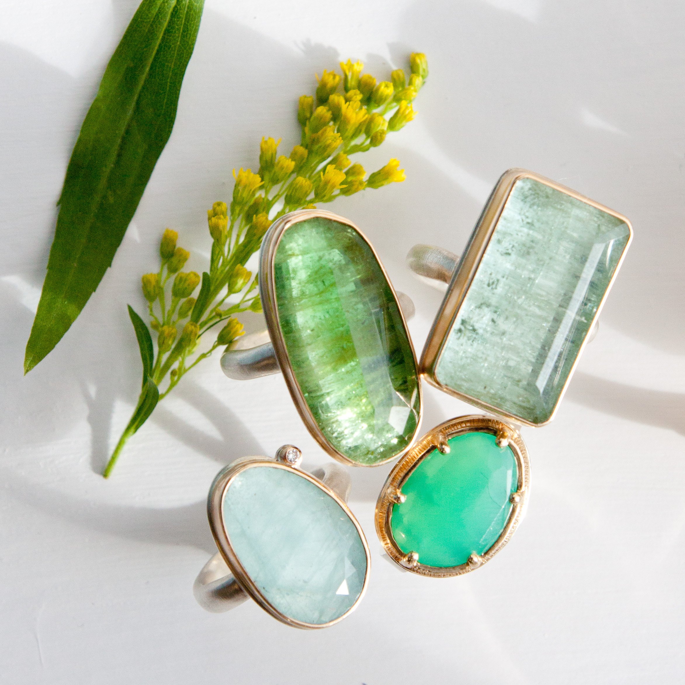 Jamie Joseph: SS & 14k Gold Ring w/ Vertical Rectangular Table Cut Aquamarine on Organic Band ,size 8.5