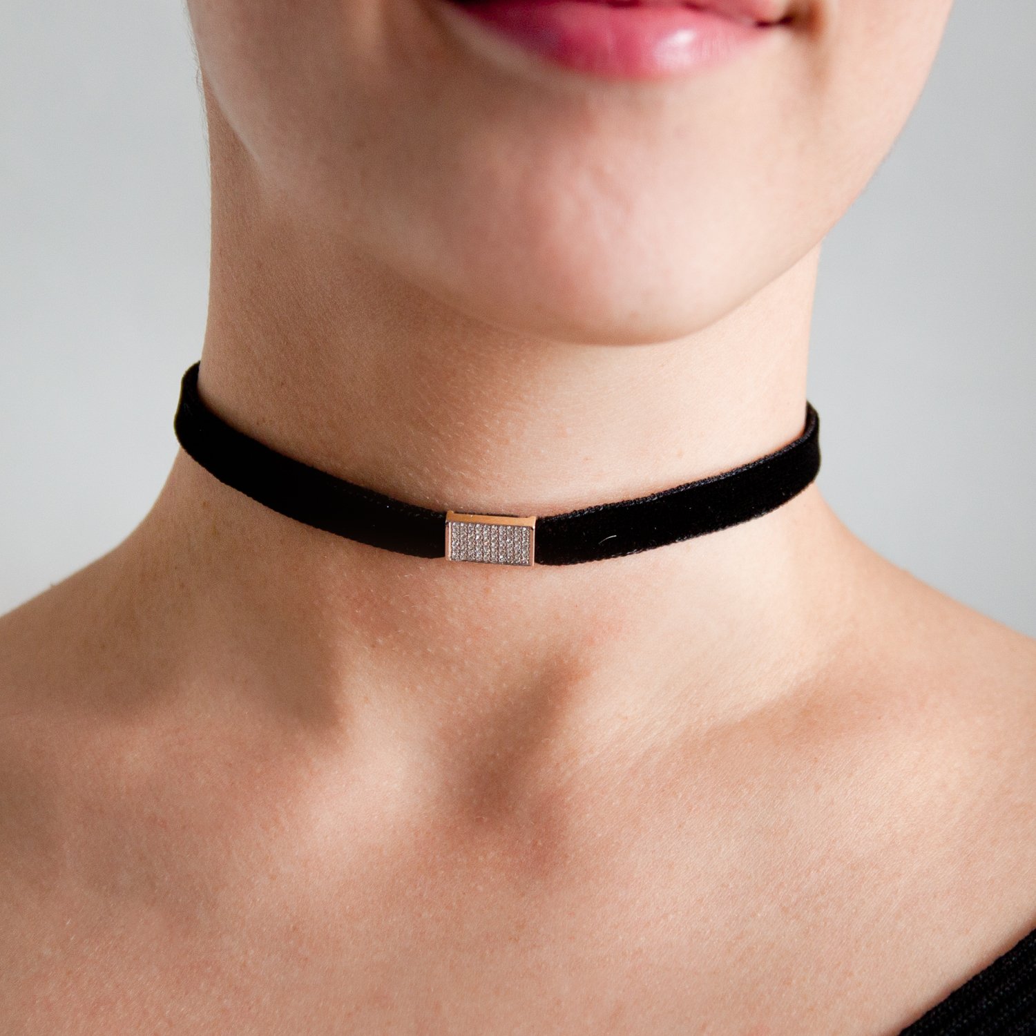 Kismet: Black Velvet Choker w/ 14k Gold Rectangle w/ Diamonds 0.46ct
