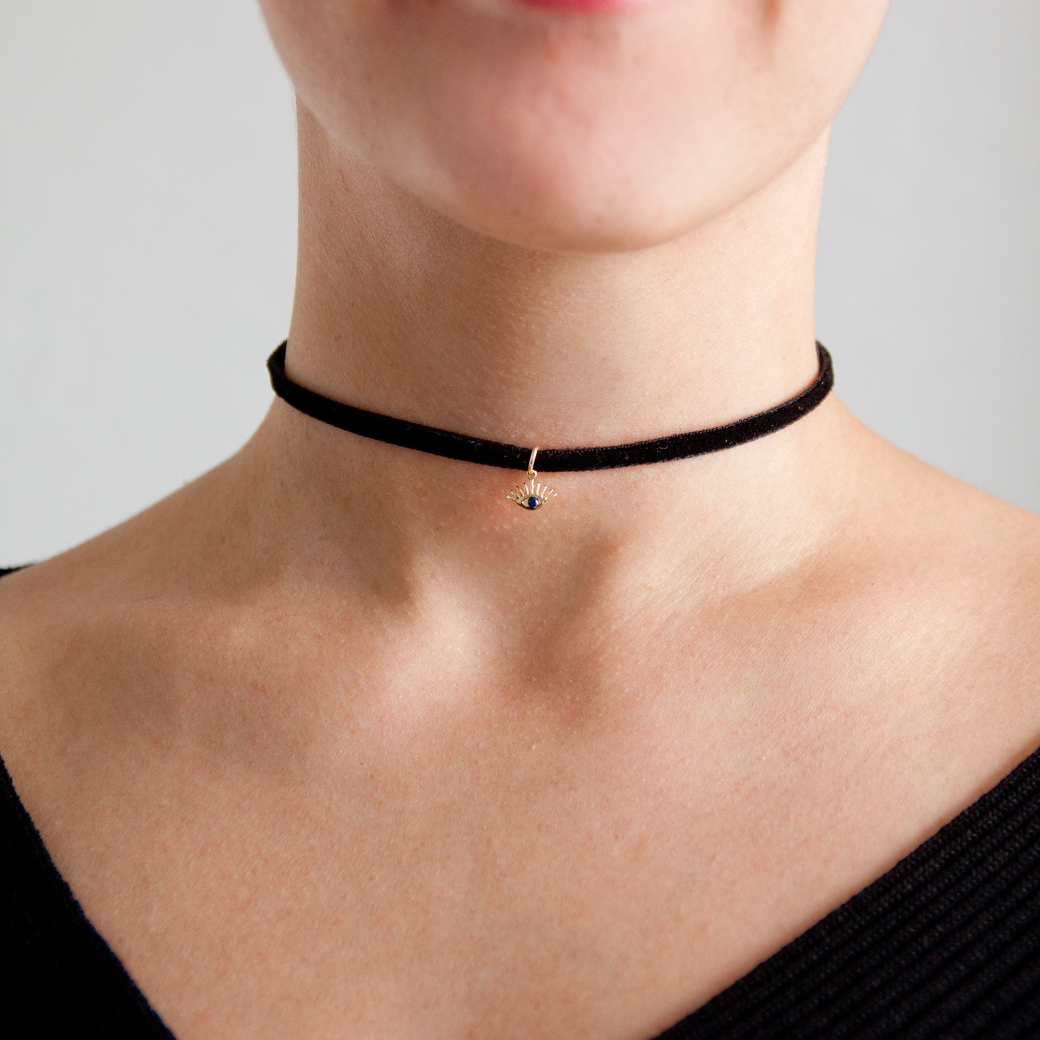 Kismet: 14k Gold Evil Eye w/ Blue Sapphire 0.03ct Black Velvet Choker
