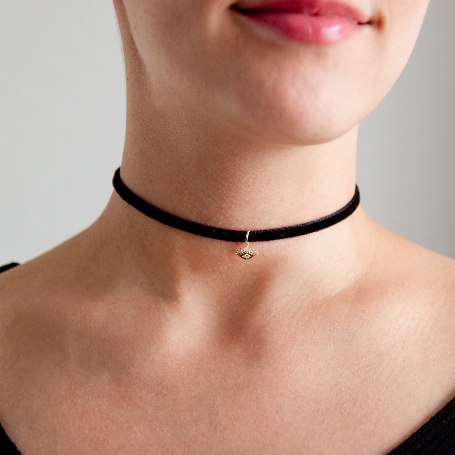Kismet: 14k Gold Evil Eye w/ Diamond 0.03ct Black Velvet Choker