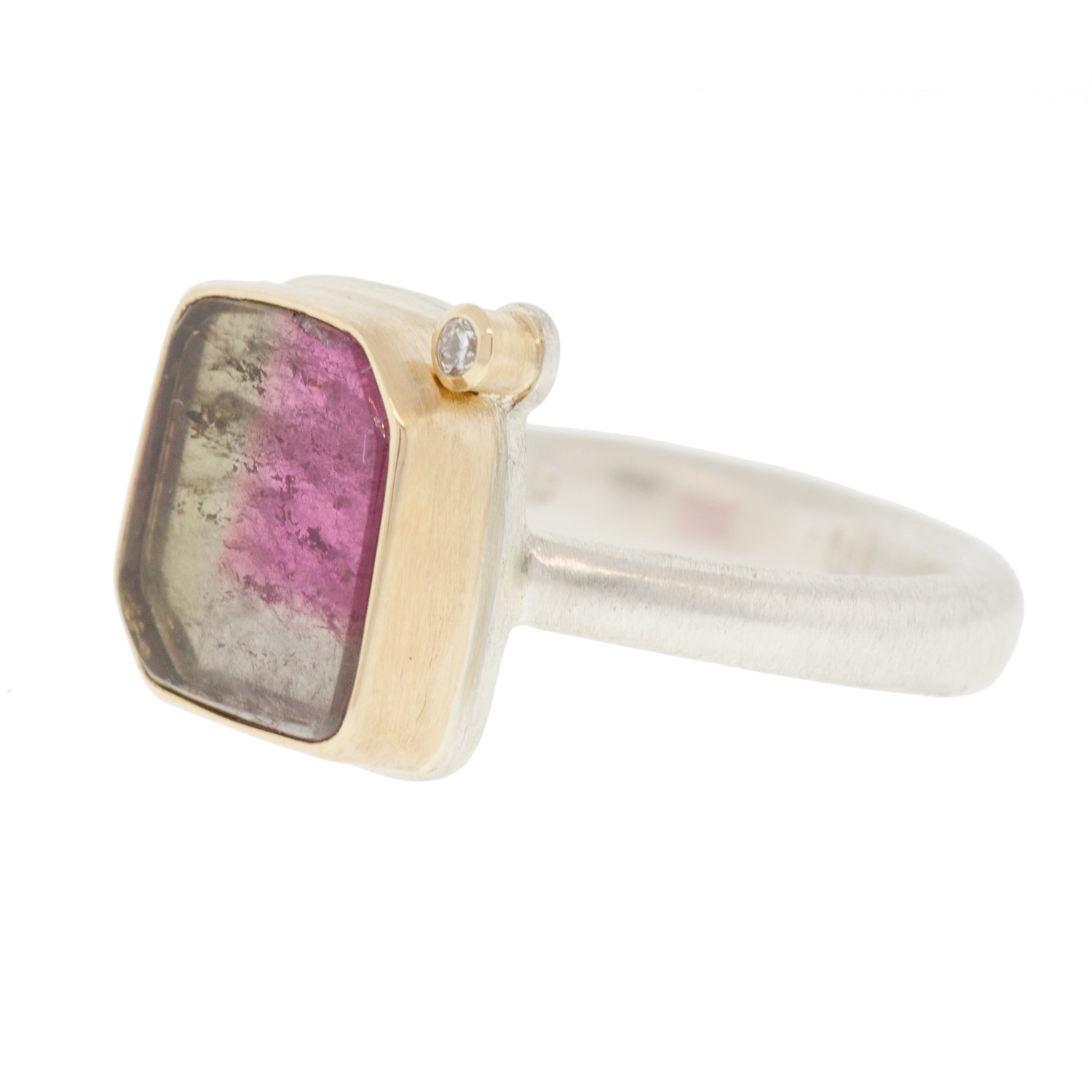Jamie Joseph: SS & 14k gold ring with square smooth watermelon tourmaline and .025ct satellite diamond on Egyptian band