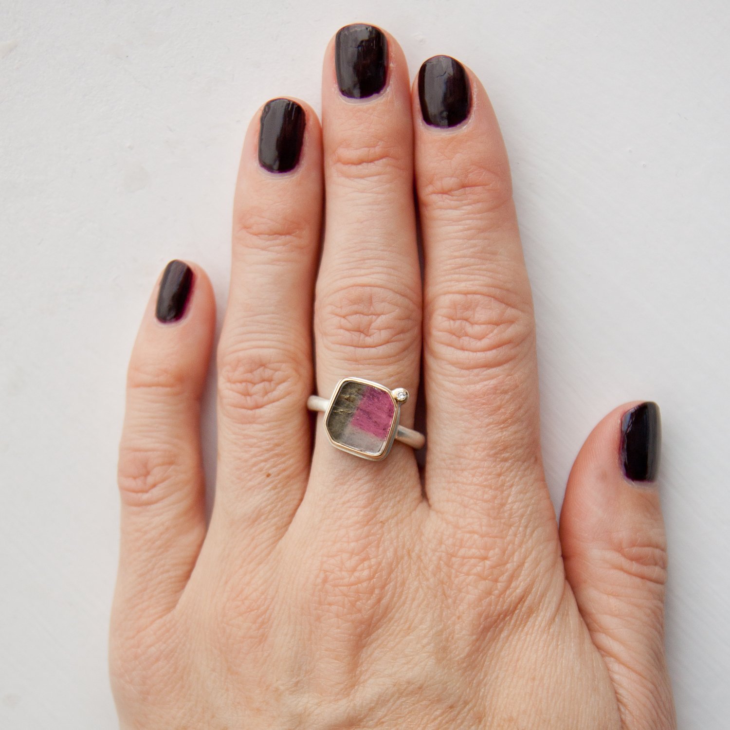 Jamie Joseph: SS & 14k gold ring with square smooth watermelon tourmaline and .025ct satellite diamond on Egyptian band