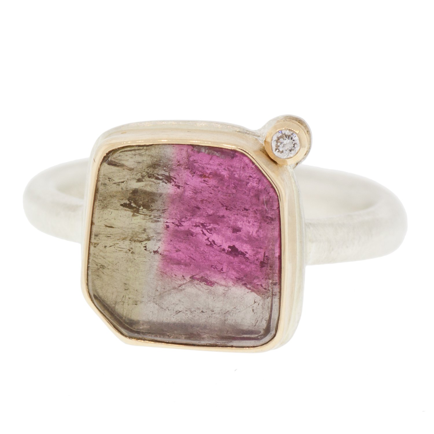 Jamie Joseph: SS & 14k gold ring with square smooth watermelon tourmaline and .025ct satellite diamond on Egyptian band