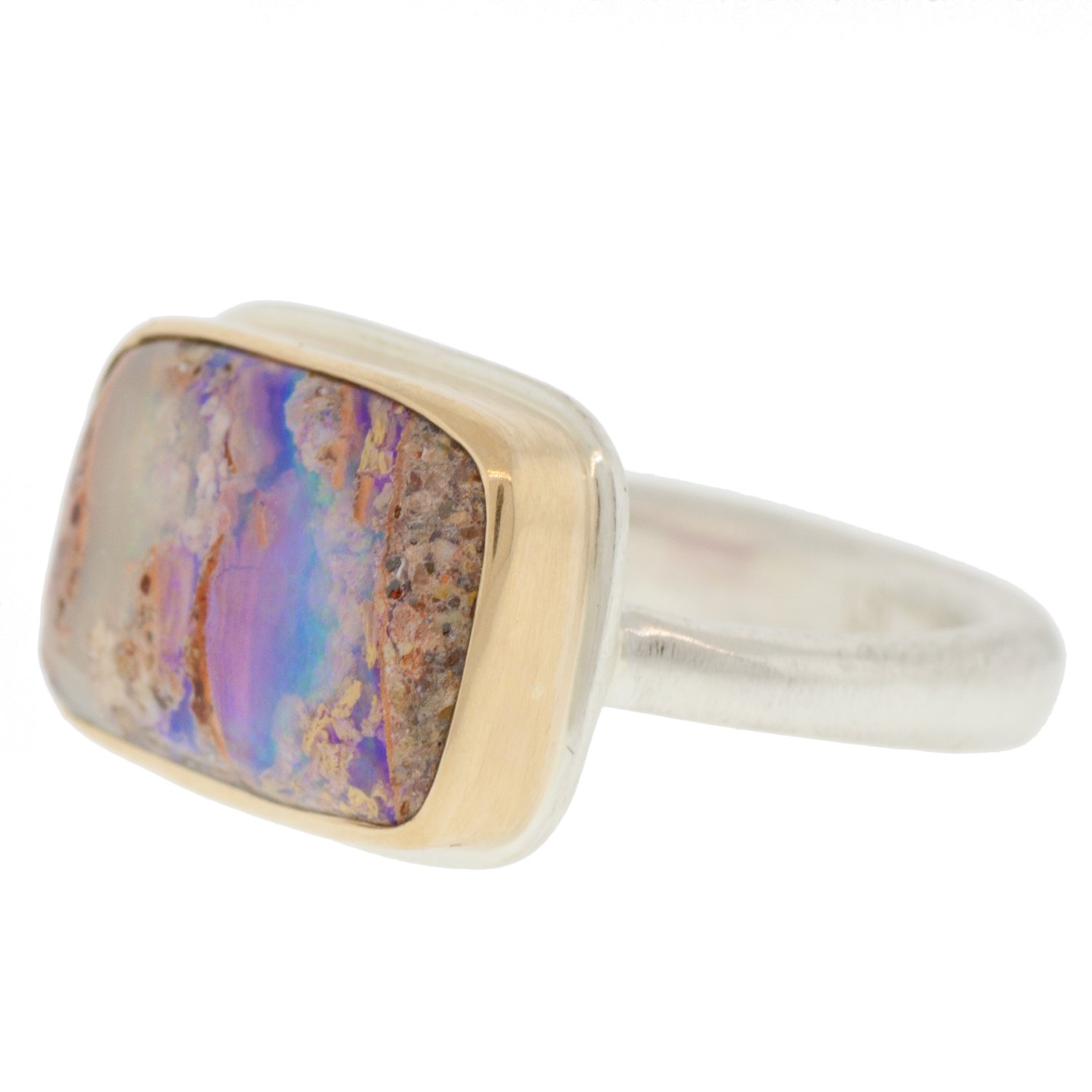 Jamie Joseph: SS & 14k gold ring with small rectangular opalized wood on Egyptian band
