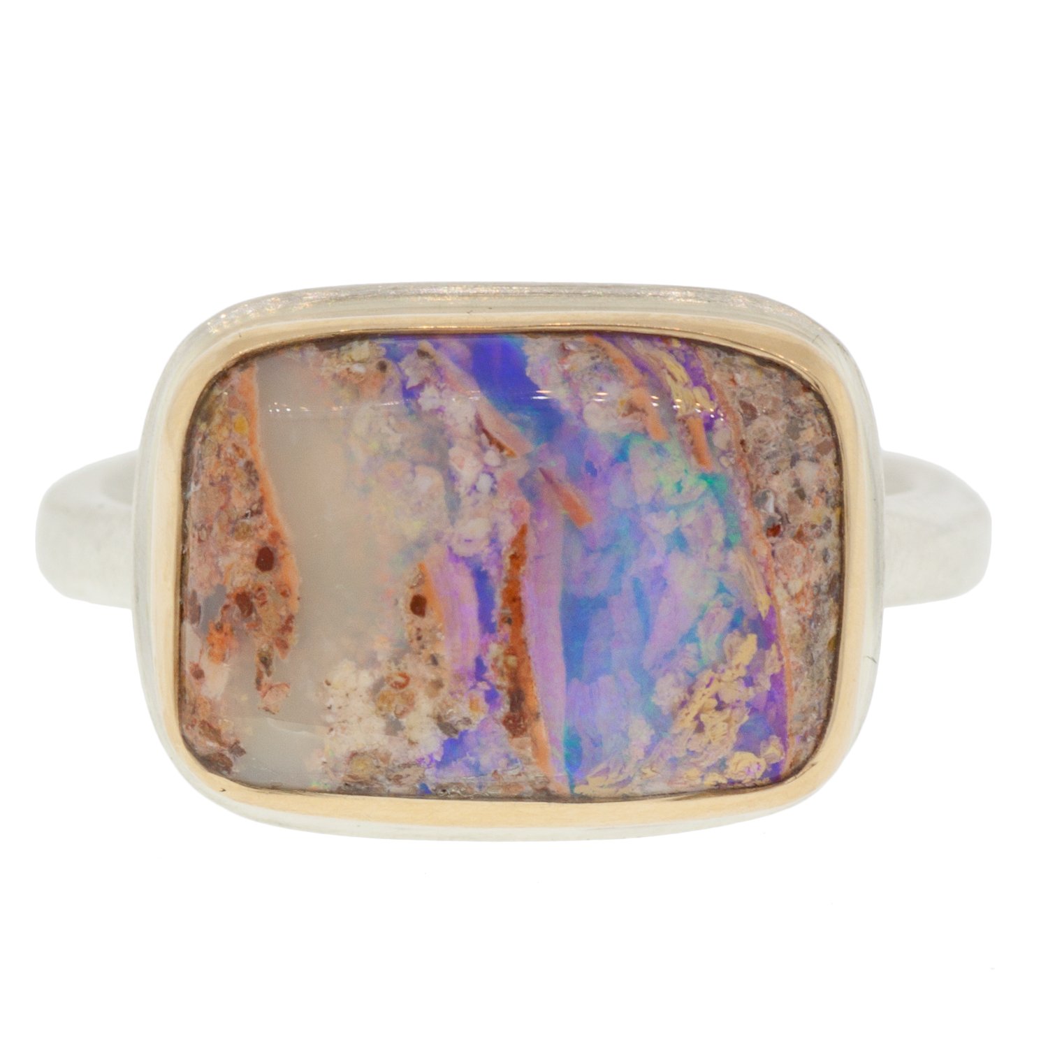 Jamie Joseph: SS & 14k gold ring with small rectangular opalized wood on Egyptian band