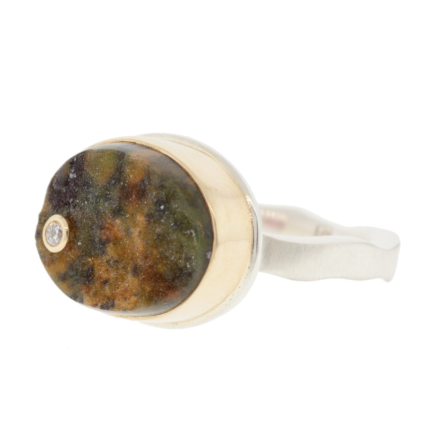 Jamie Joseph: SS & 14k gold ring with small oval Turkish green druzy and .03ct diamond on medium live edge band
