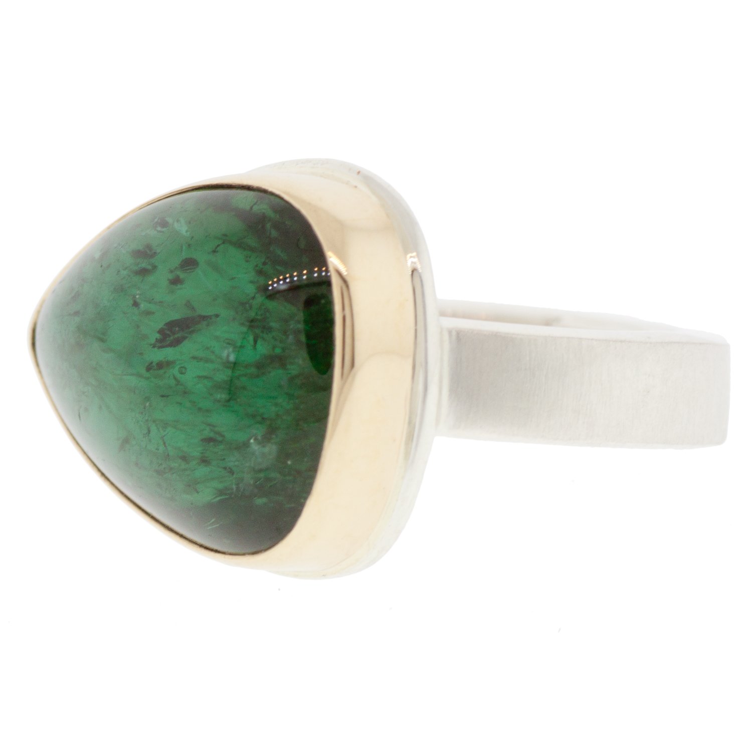 Jamie Joseph: SS & 14k gold ring with smooth teardrop green tourmaline on X band