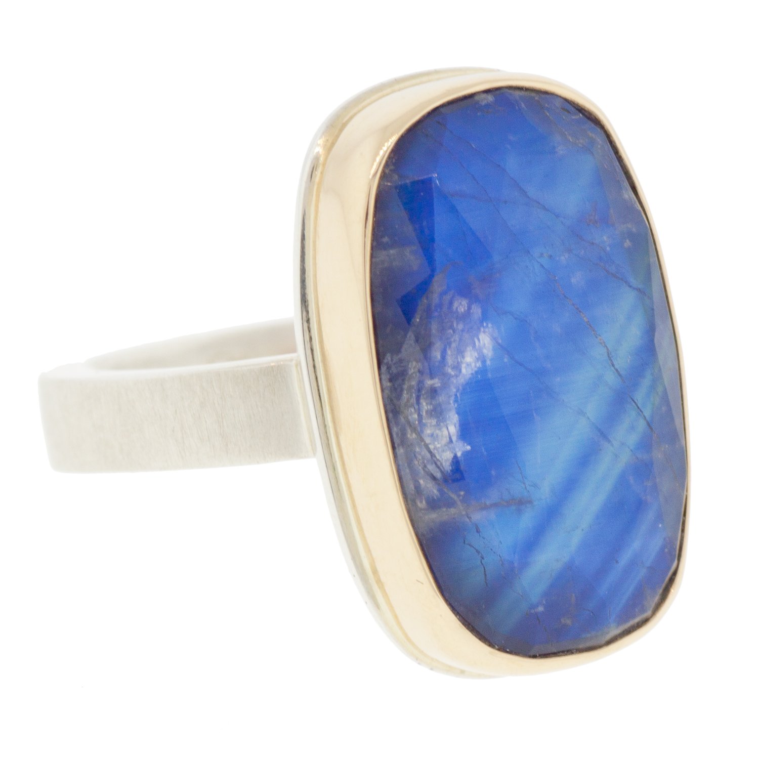 Jamie Joseph: SS & 14k gold ring with rectangular rose cut rainbow moonstone on X band