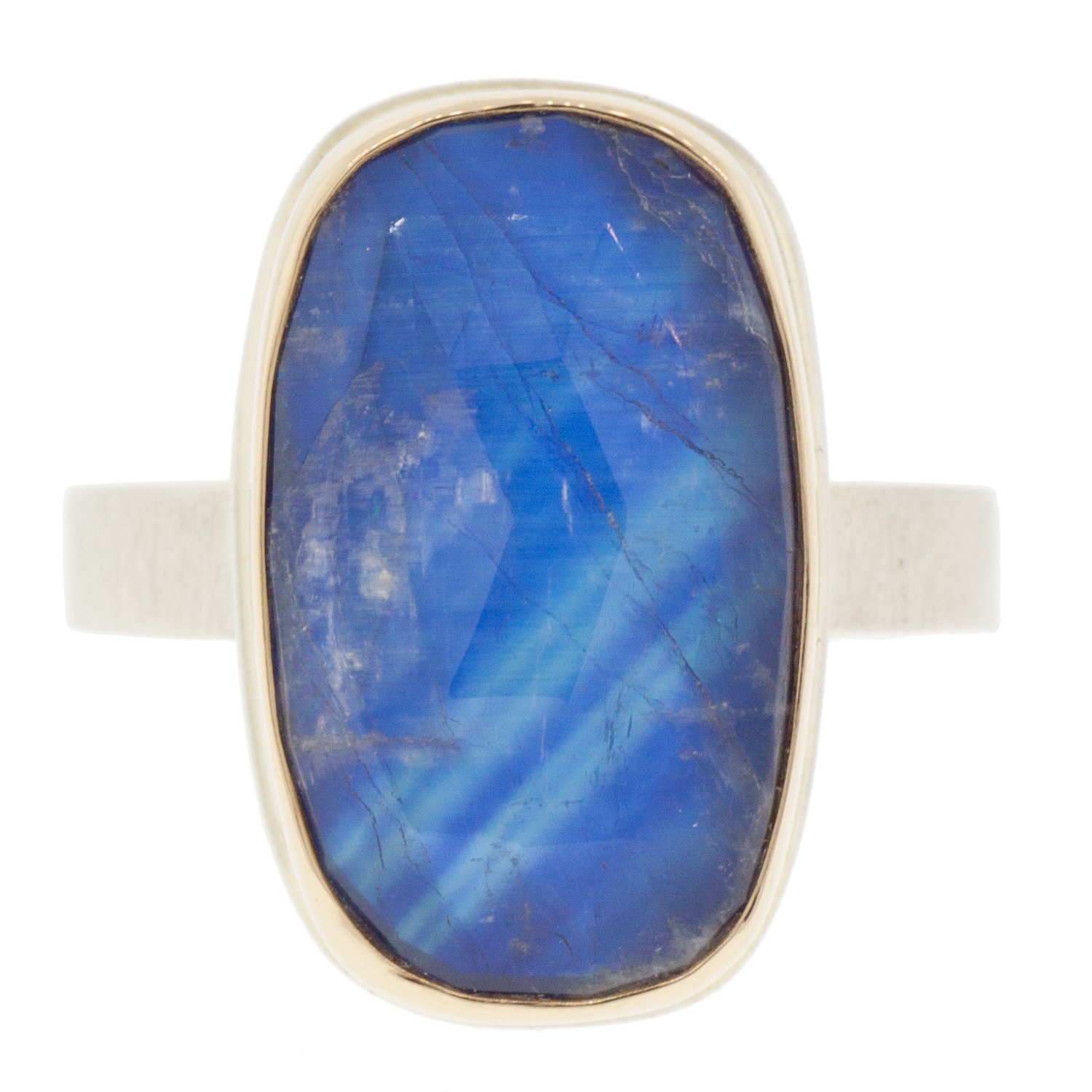 Jamie Joseph: SS & 14k gold ring with rectangular rose cut rainbow moonstone on X band