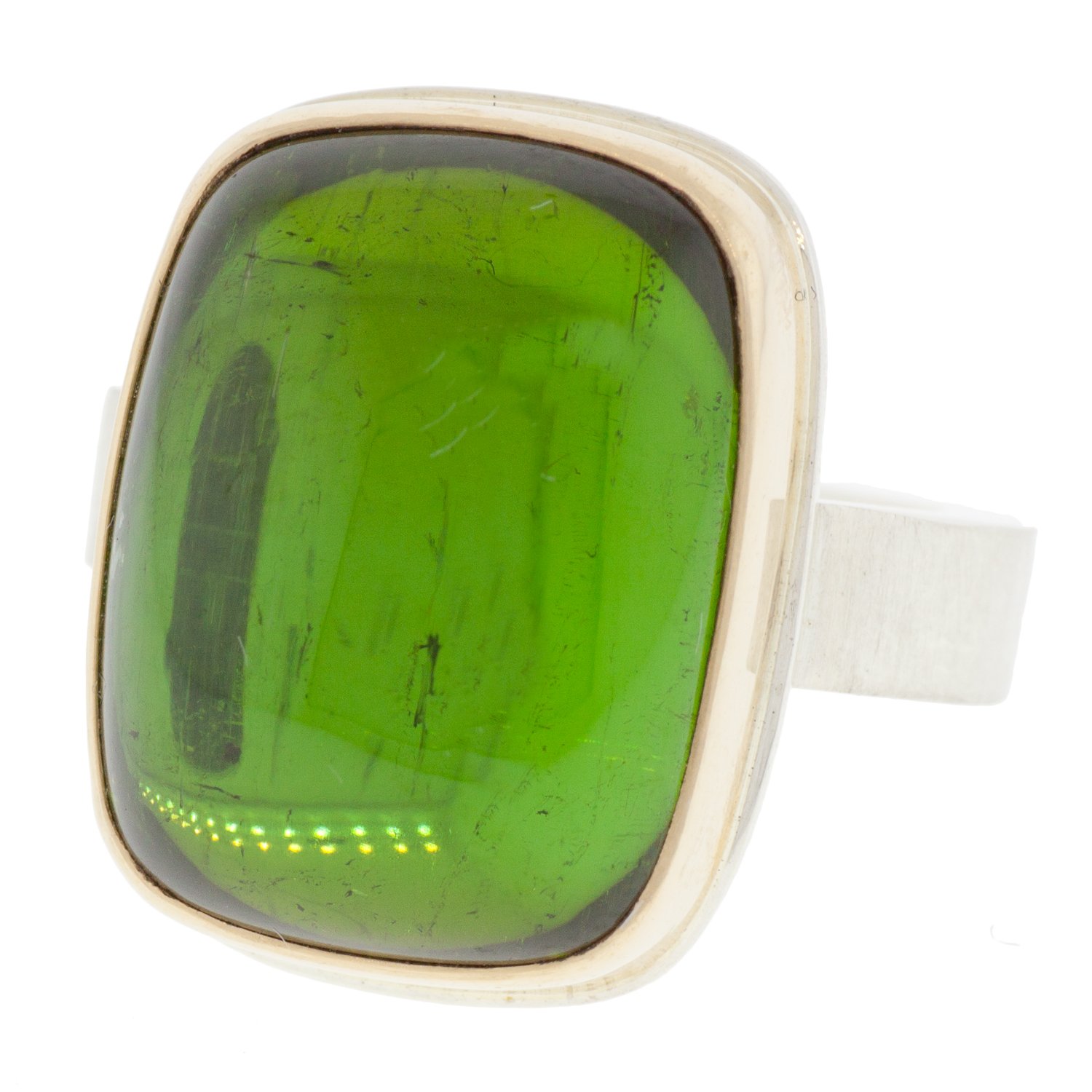 Jamie Joseph: SS & 14k gold ring with vertical rectangular smooth green tourmaline on Y band
