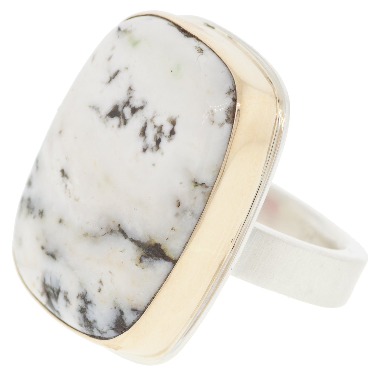 Jamie Joseph: SS & 14k gold ring with large vertical rectangular smooth white buffalo turquoise on Y band