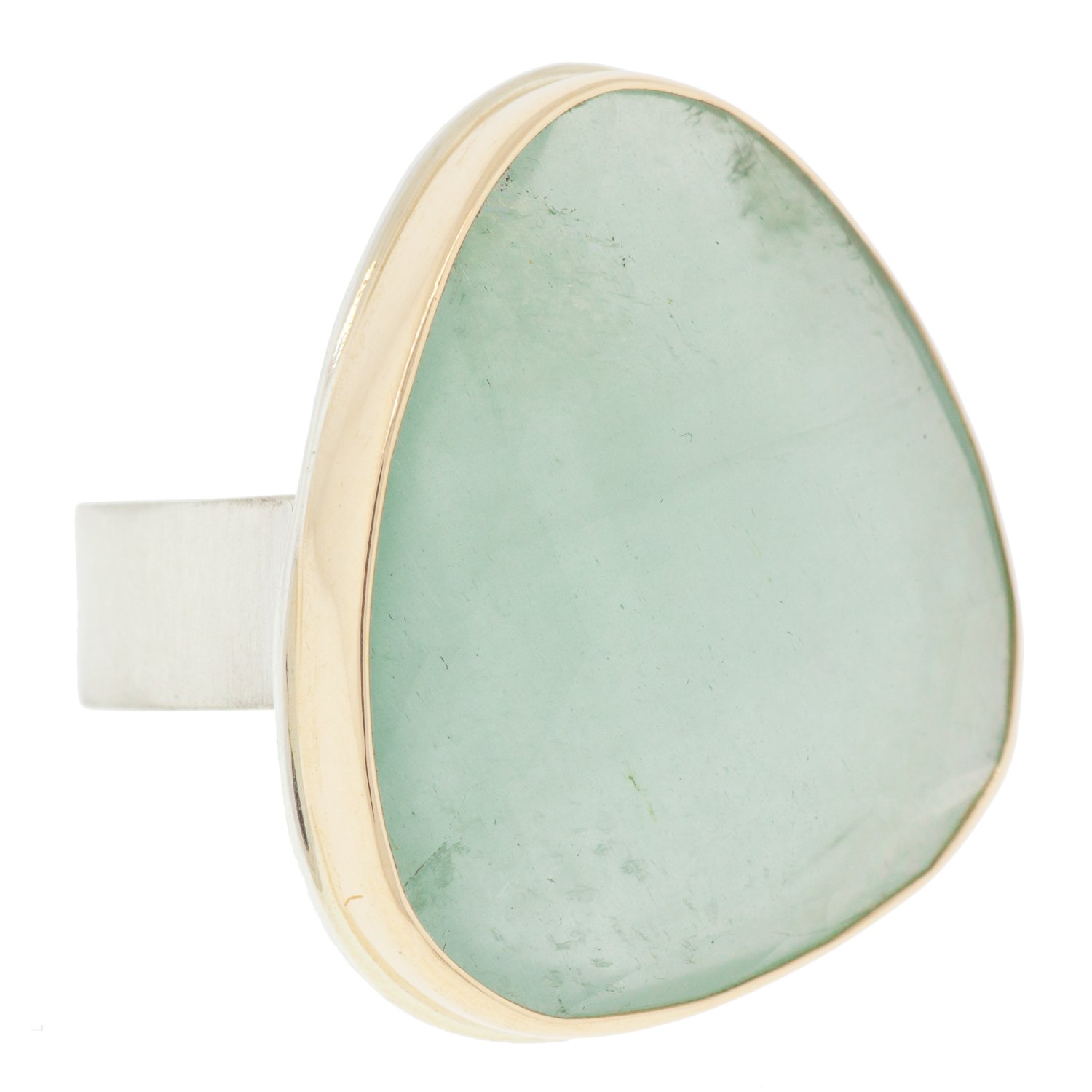 Jamie Joseph: SS & 14k gold ring with vertical asymmetrical rose cut aquamarine on Z band