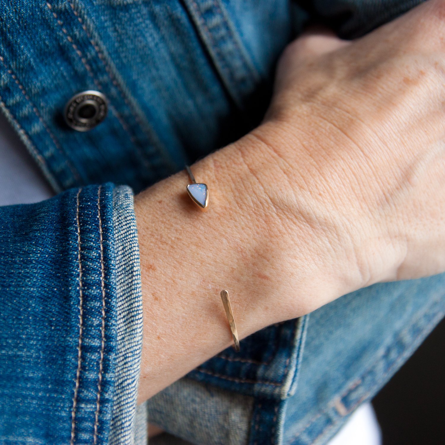 Melissa Joy Manning: Limited edition 14K gold opal doublet freeform off center cuff bracelet
