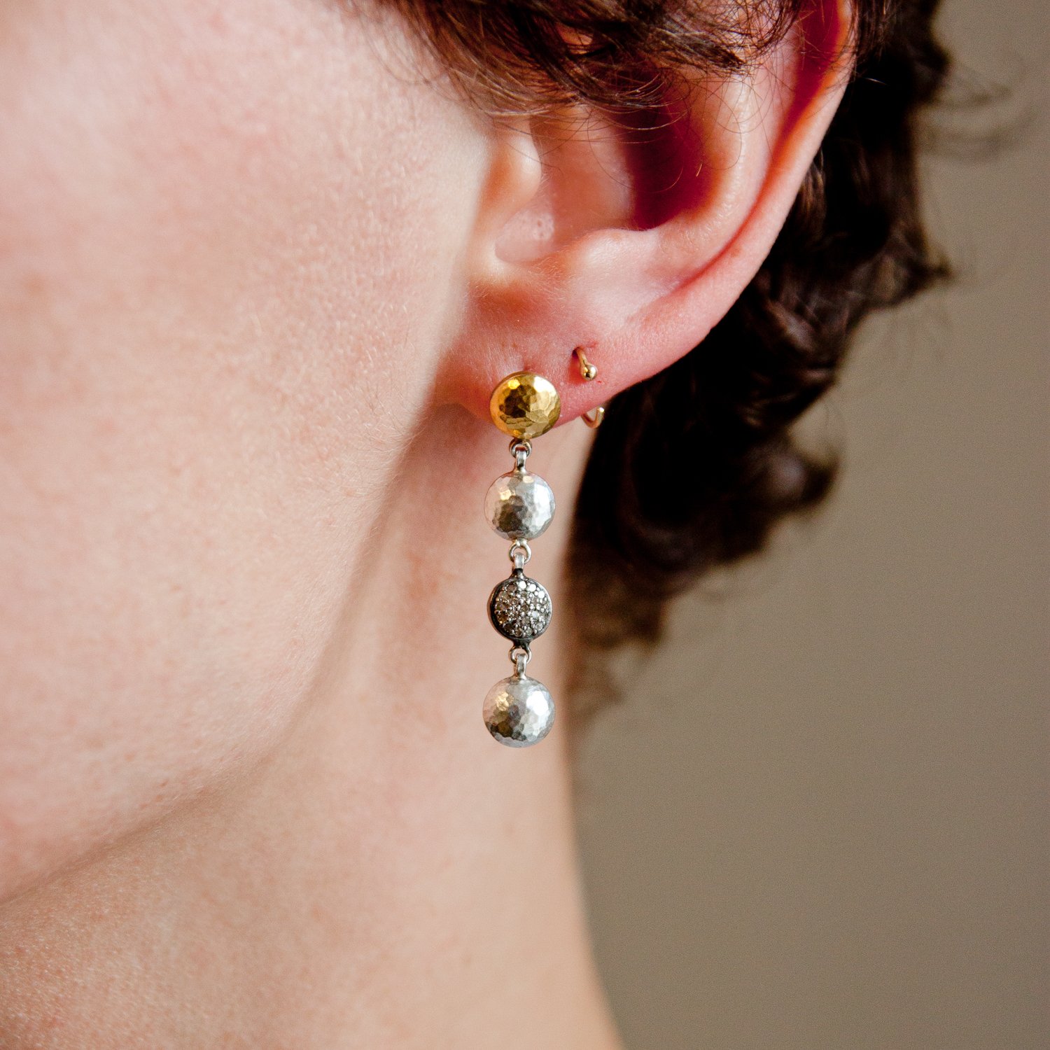 Gurhan: Long Lentil Pave Earring in Sterling Silver layered with 24K Gold and Pave Diamond Lentils, 0.5 TCW. Post Top. 1 1/2O Length.