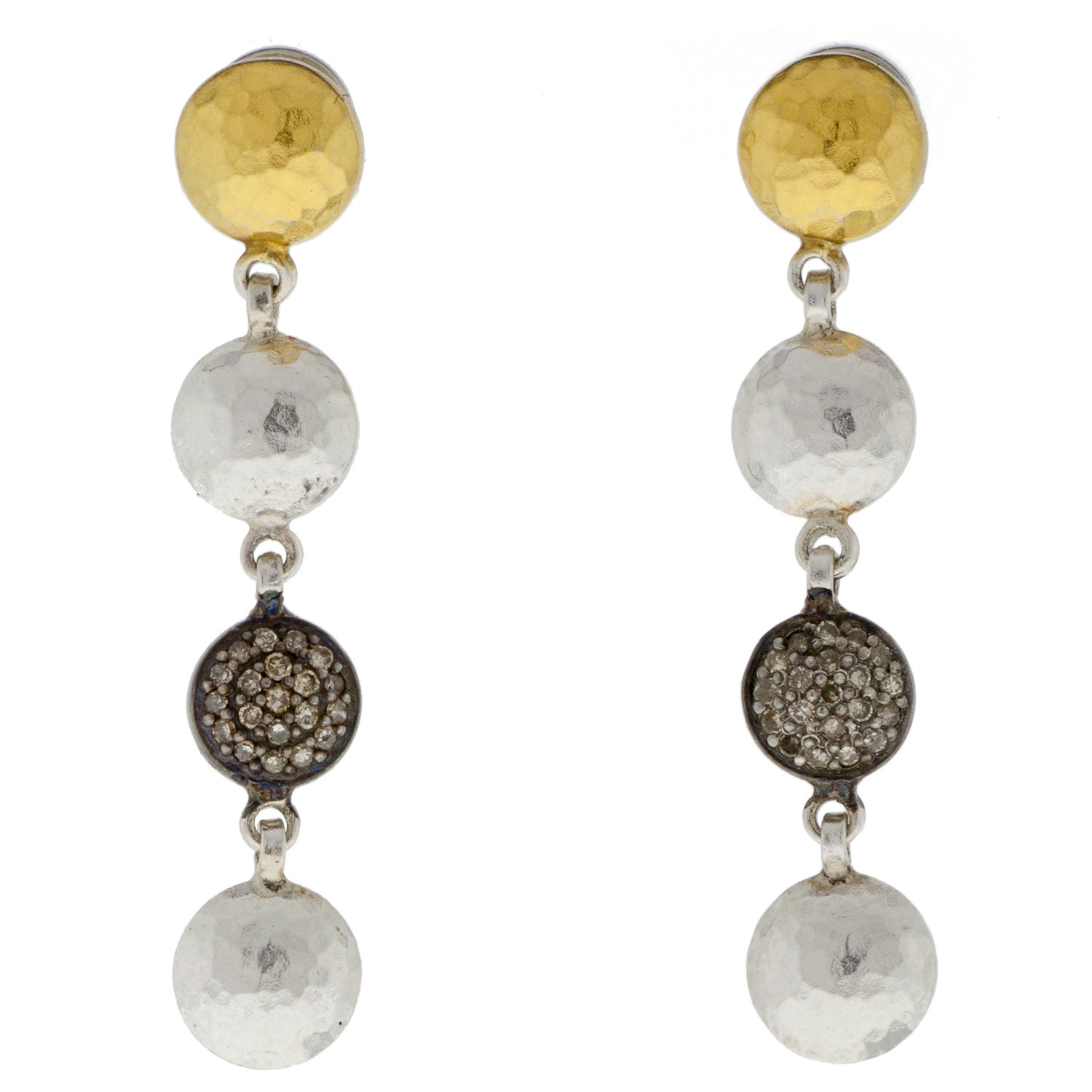 Gurhan: Long Lentil Pave Earring in Sterling Silver layered with 24K Gold and Pave Diamond Lentils, 0.5 TCW. Post Top. 1 1/2O Length.