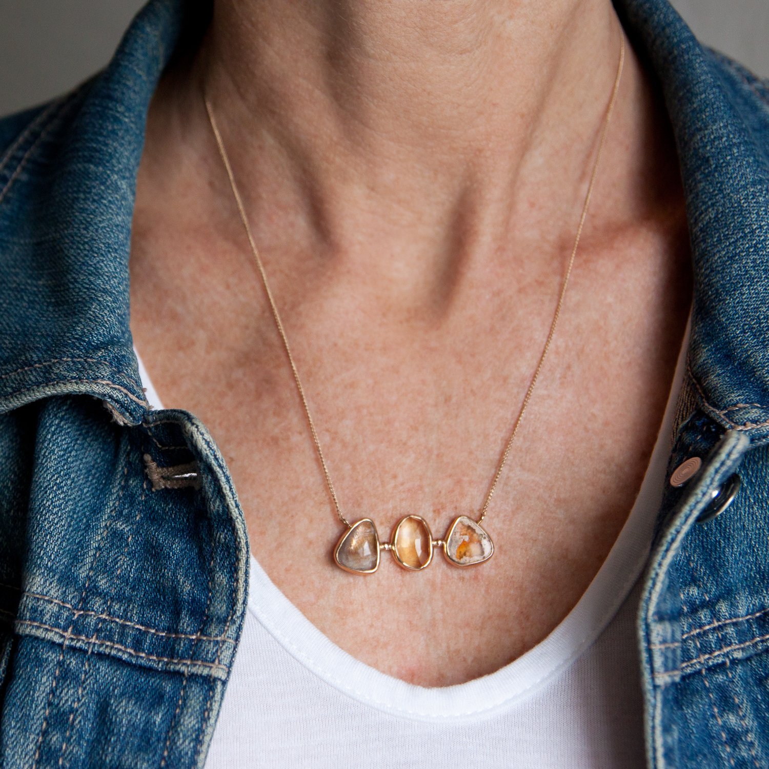 Melissa Joy Manning: 14K yellow gold one of a kind necklace with golden rutilated quartz, citrine & mexican jelly opal