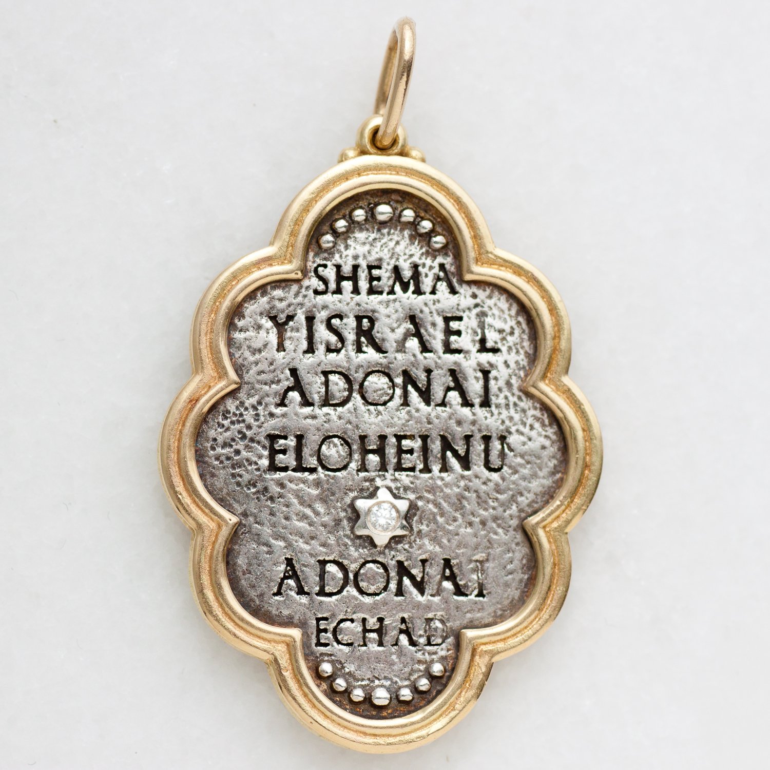 Erica Molinari Trunk Show: ss and 18k diamond hamsa with lords prayer .04cts