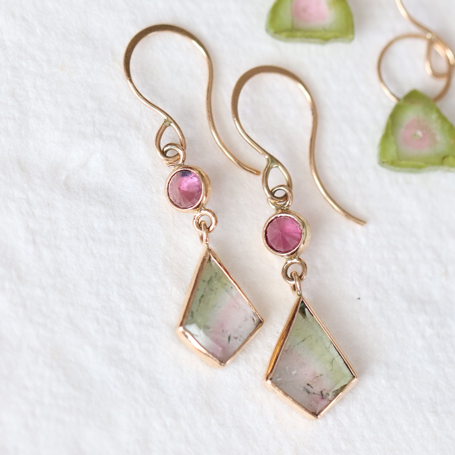Melissa Joy Manning: one of a kind 24K yellow gold pink sapphire and watermelon tourmaline two drop earring