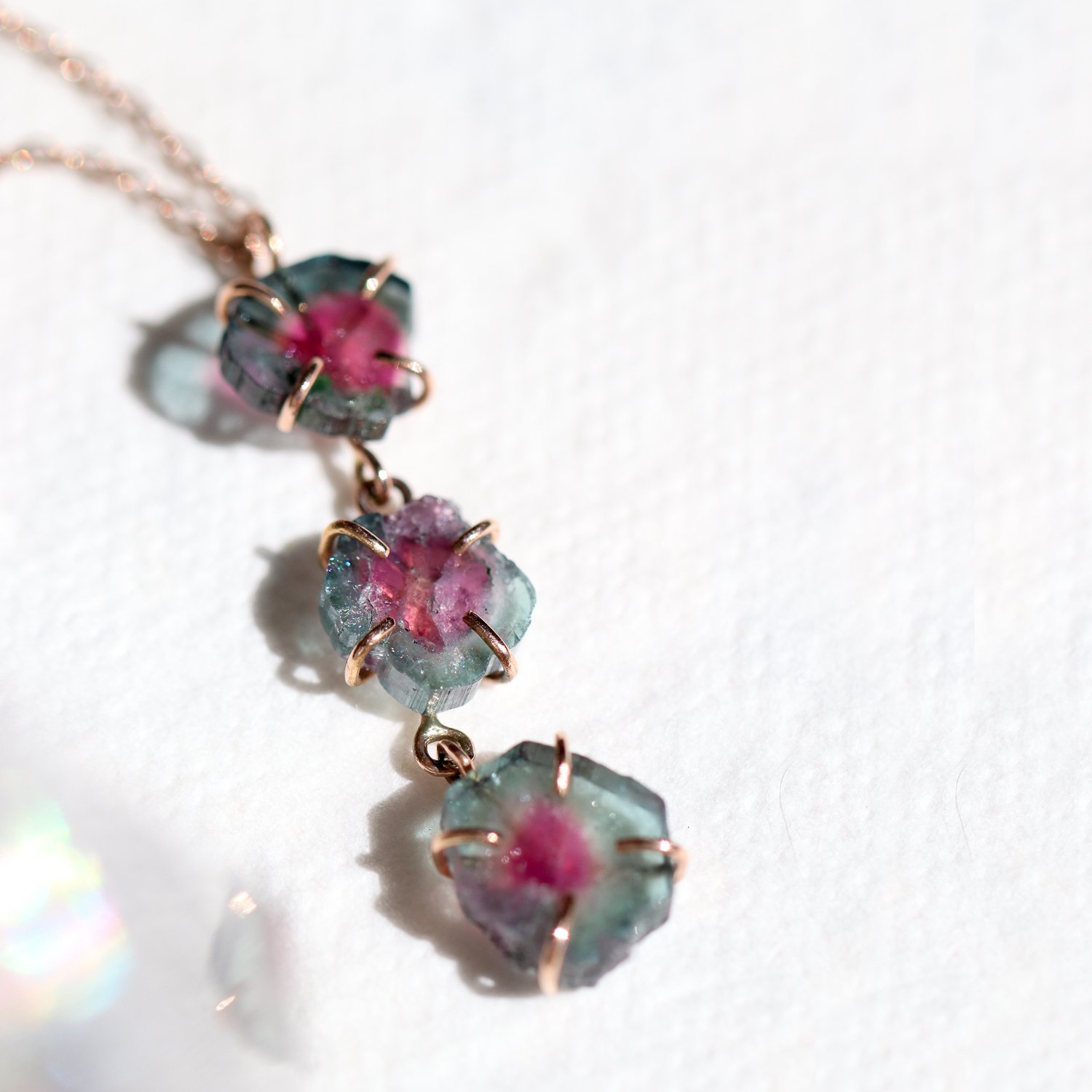 Melissa Joy Manning: Limited edition 14K yellow and pink gold watermelon tourmaline slice three drop pendant adjustable 16-18" necklace