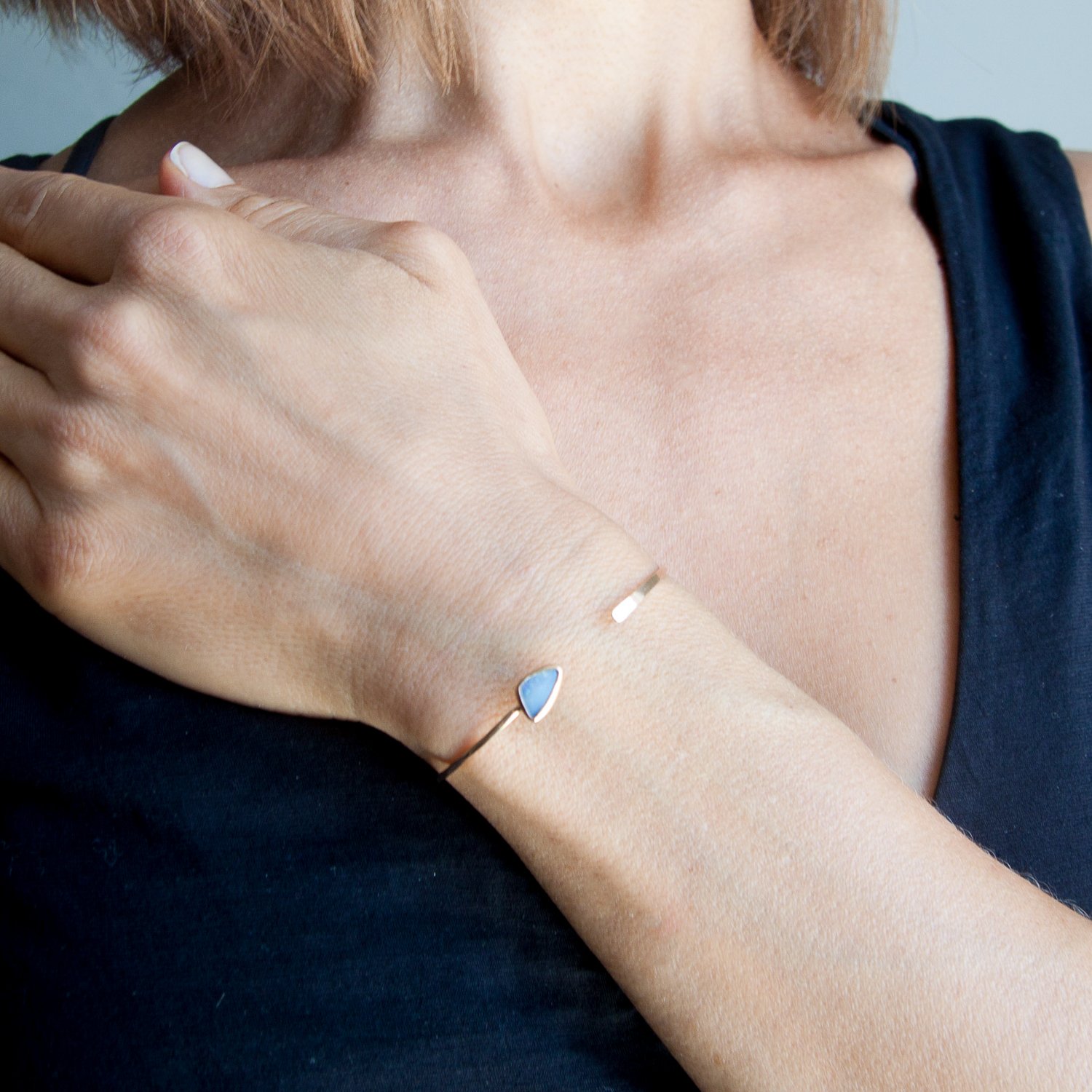 Melissa Joy Manning: Limited edition 14K yellow gold opal doublet freeform off center cuff bracelet
