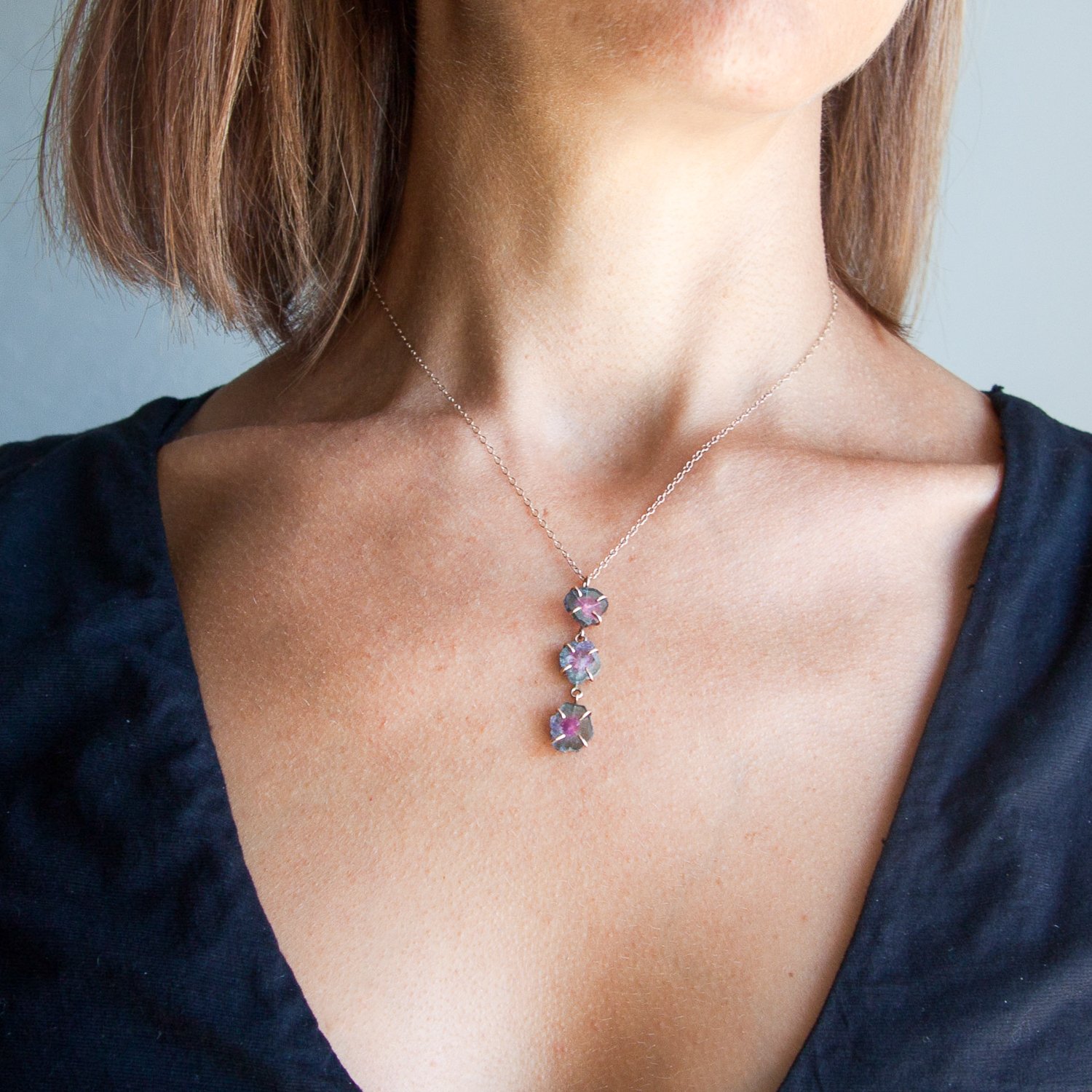 Melissa Joy Manning: Limited edition 14K yellow and pink gold watermelon tourmaline slice three drop pendant adjustable 16-18" necklace