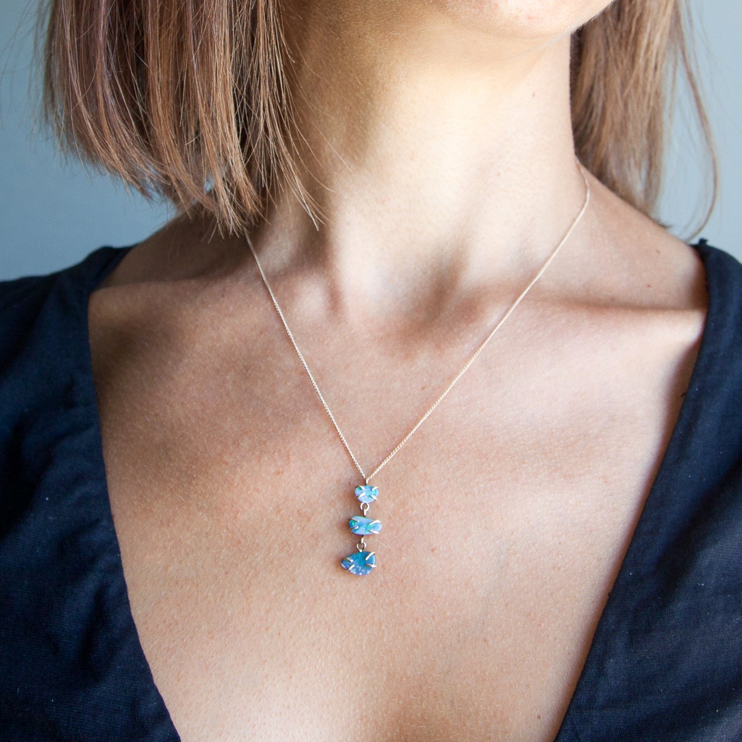 Melissa Joy Manning: Limited edition 14K yellow gold opal doublet three drop adjustable 18-20" necklace