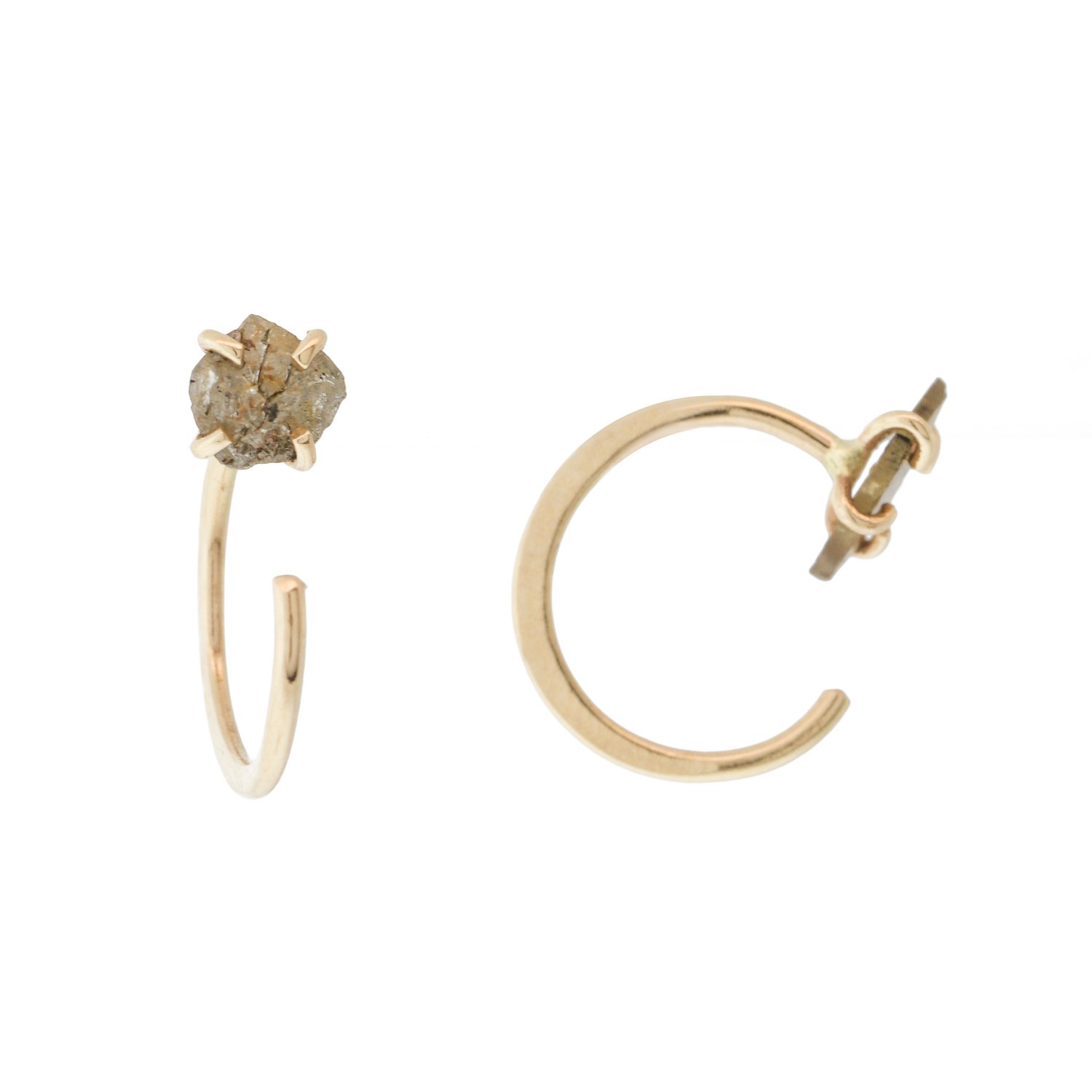 Melissa Joy Manning: one of a kind 14K yellow gold .3ct diamond slice and raw diamond mis-matched hug earring