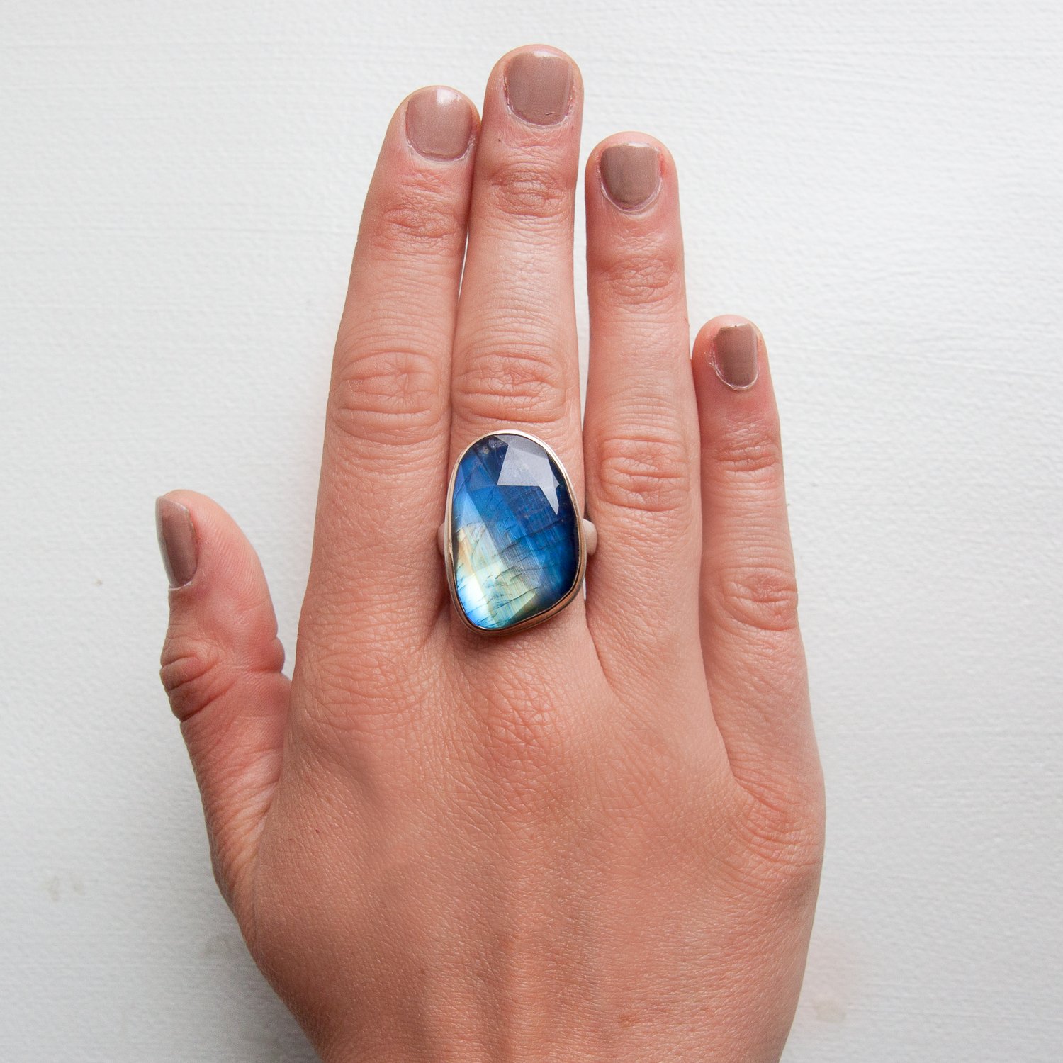 Jamie Joseph: Asymmetrical rose cut rainbow moonstone on groovy band