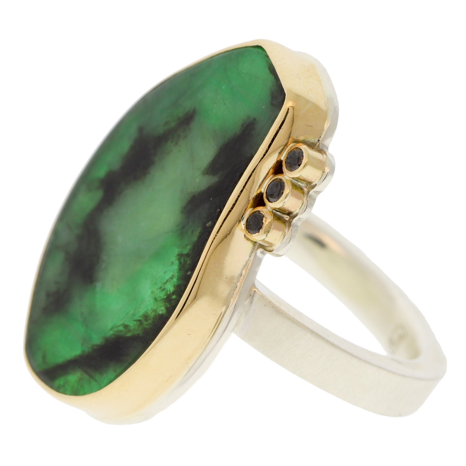 Jamie Joseph: emerald slice vertical asymmetrical ring with triple .025 ct satellite black diamonds on X band sterling silver and 14K gold (.075 TCW) size 7 3/4