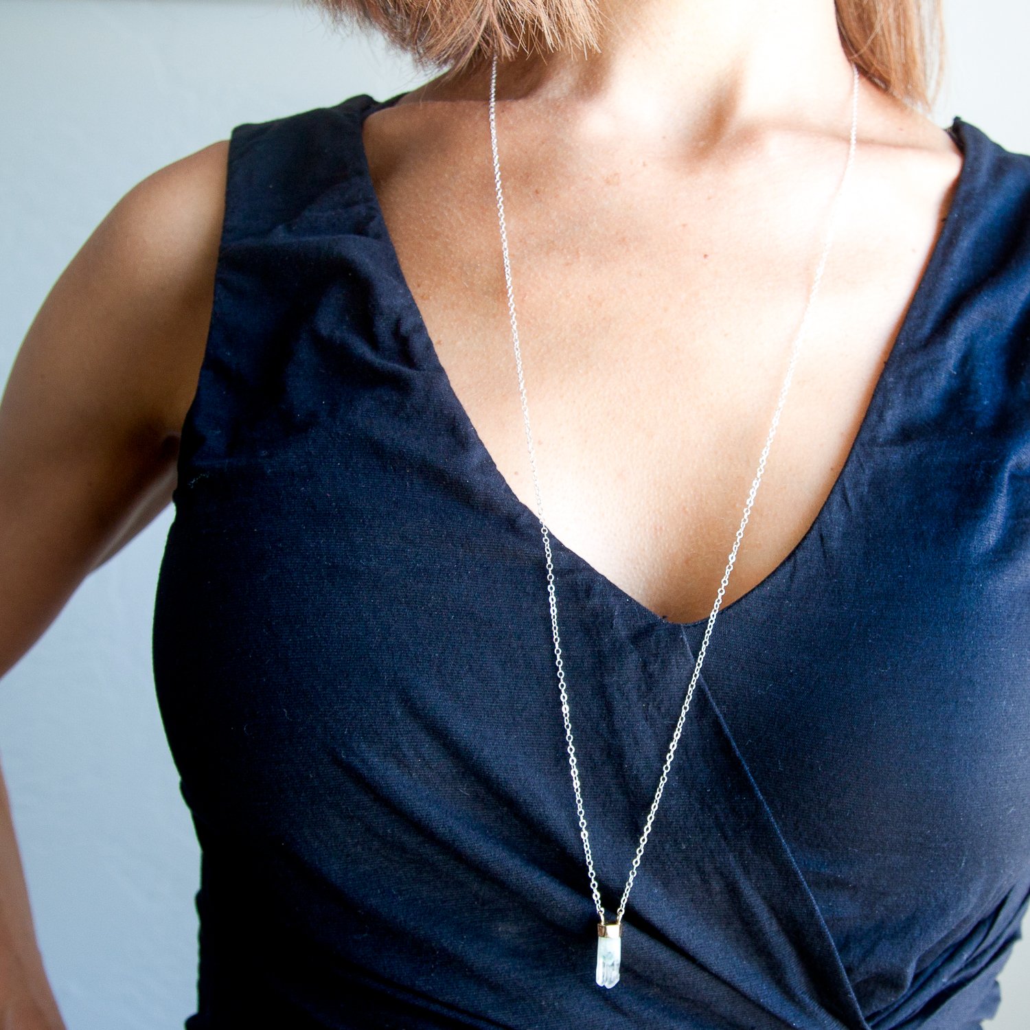 Melissa Joy Manning: 14K gold cap and sterling silver chain necklace with quartz pendant