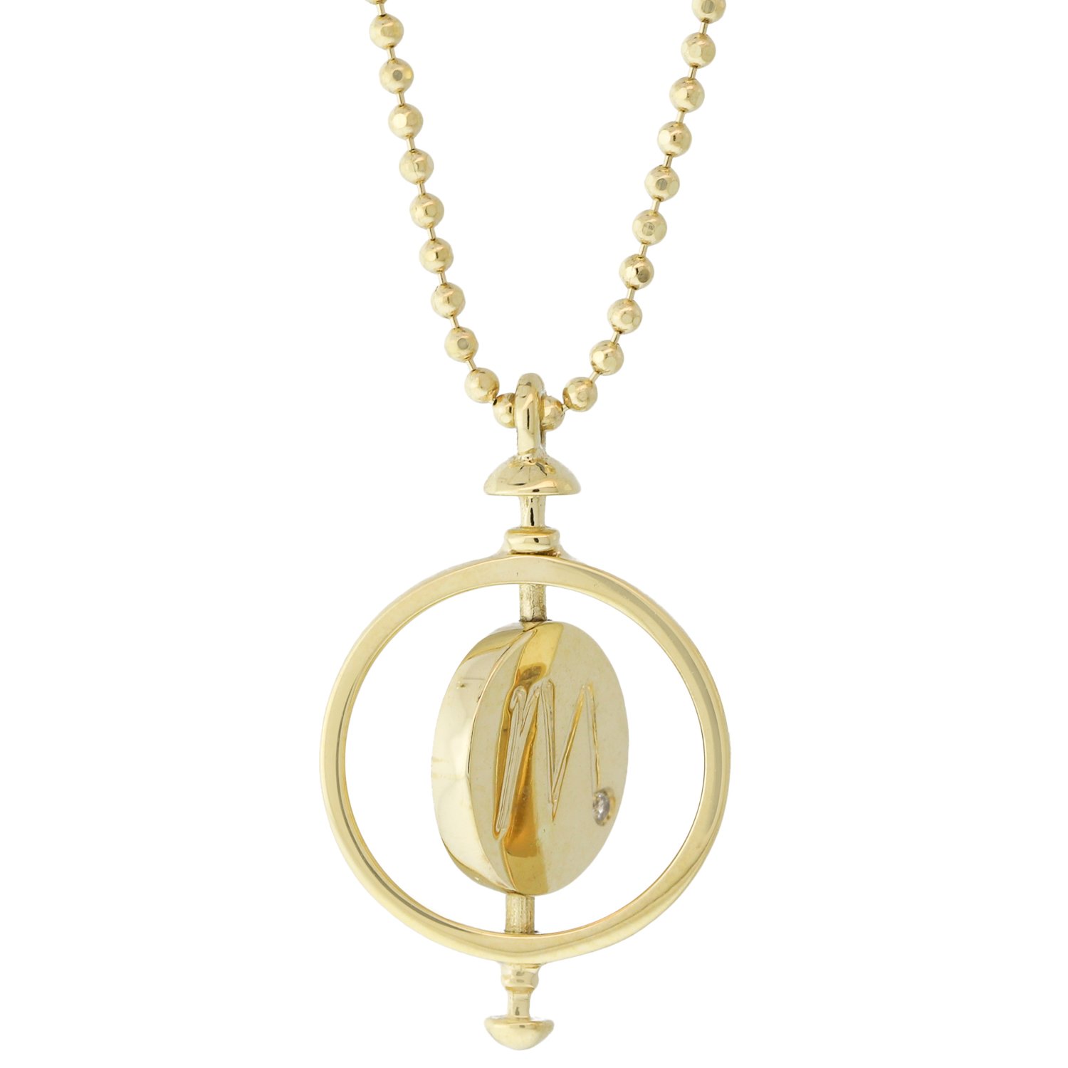 Kismet: M initial medallion necklace with single solitaire .01ct and 3.8gr 14k yellow gold