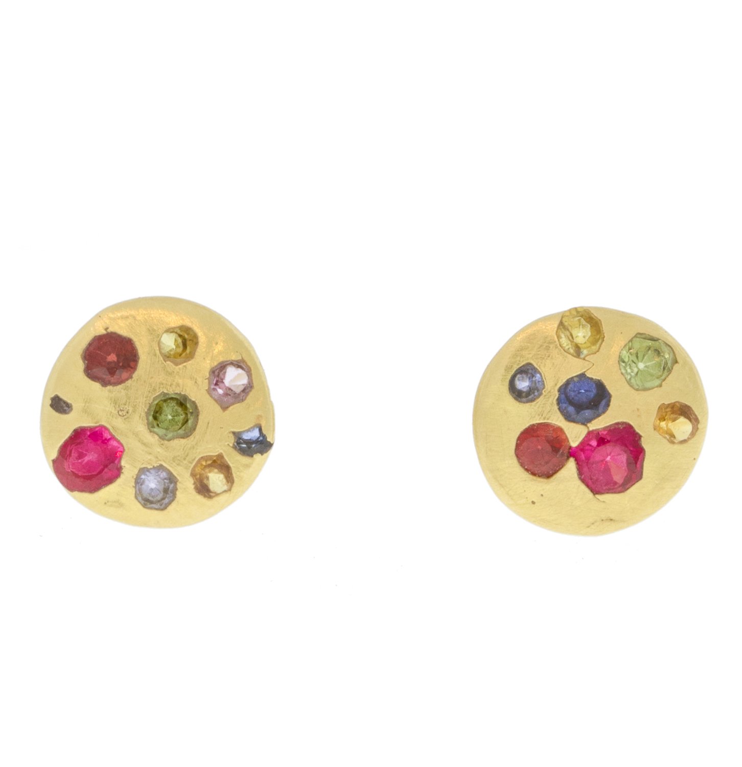 Polly Wales: 18K Medium Crystal Disc Post Earring with Rainbow Sapphires