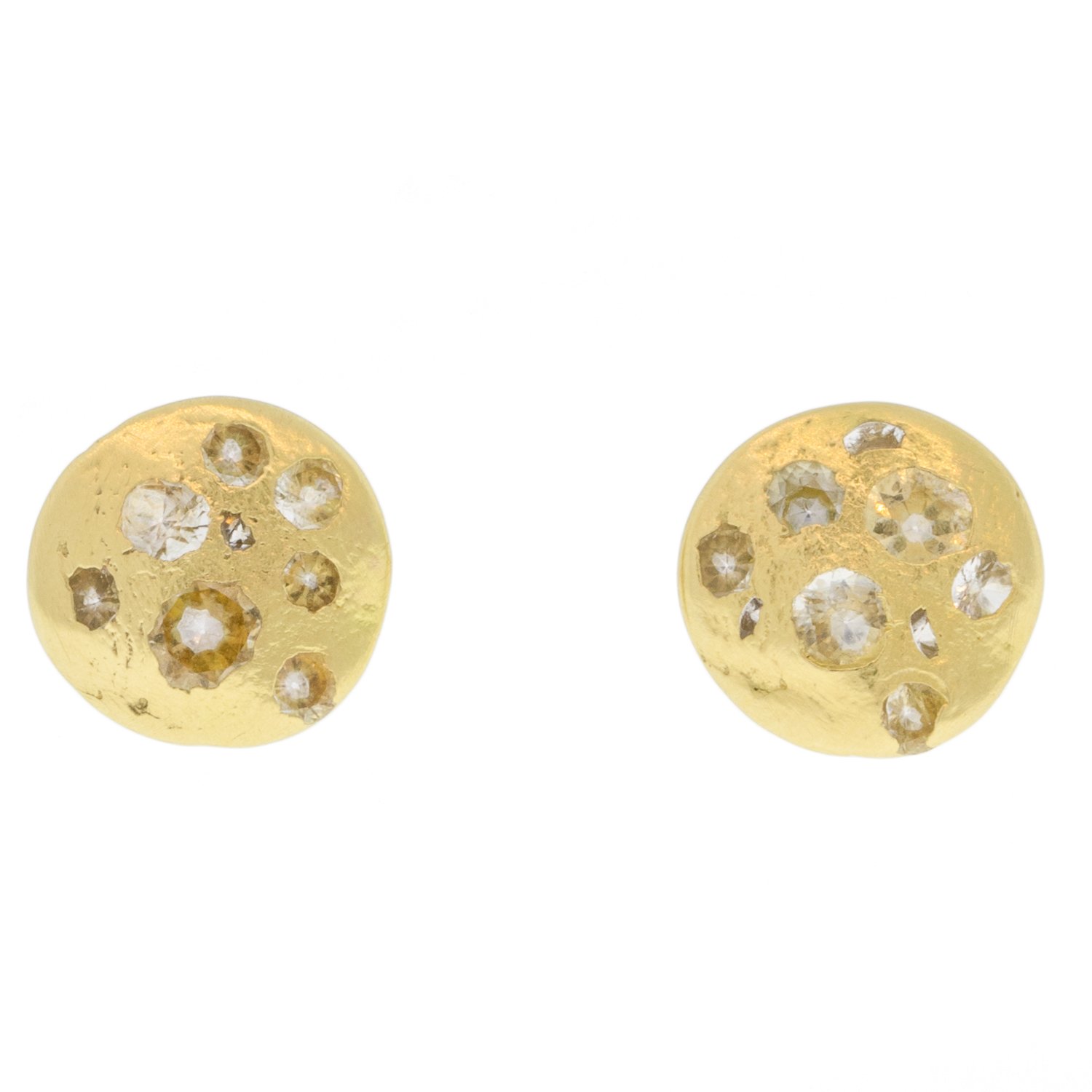 Polly Wales: Medium Disc Post Earrings w/ White Sapphires in 18k Gold