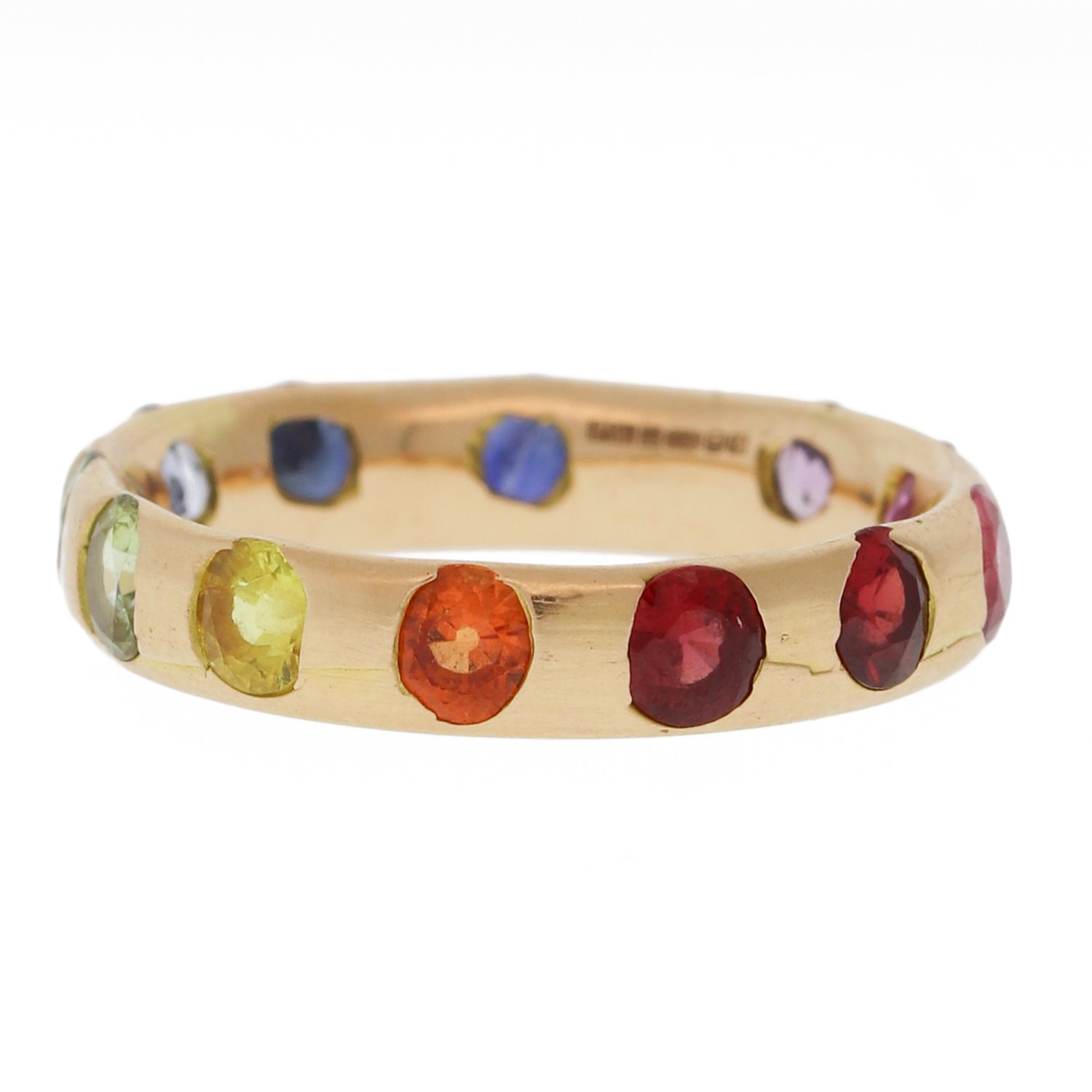 Polly Wales: Narrow Crystal Ring with Rainbow Sapphires in 18K Rose Gold, Size 7
