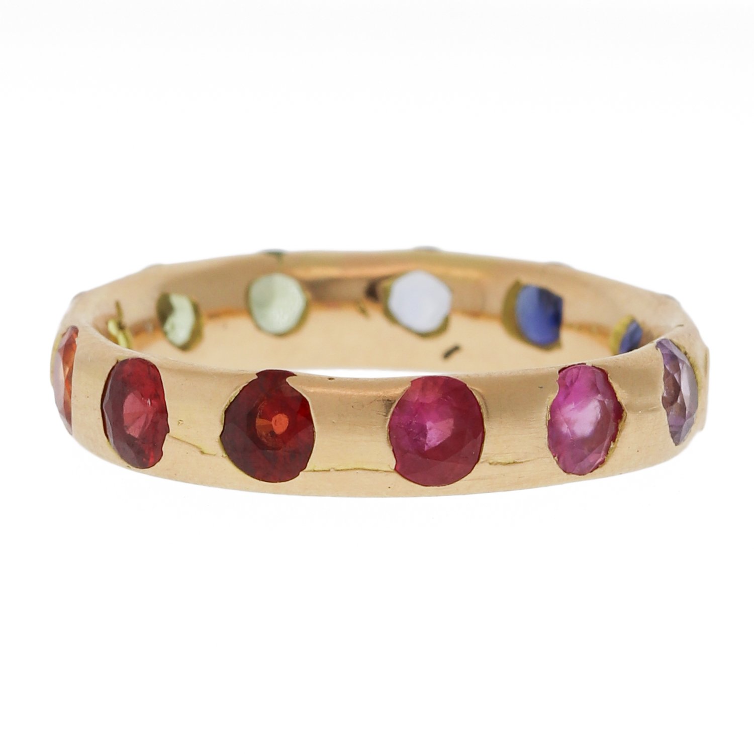 Polly Wales: Narrow Crystal Ring with Rainbow Sapphires in 18K Rose Gold, Size 7